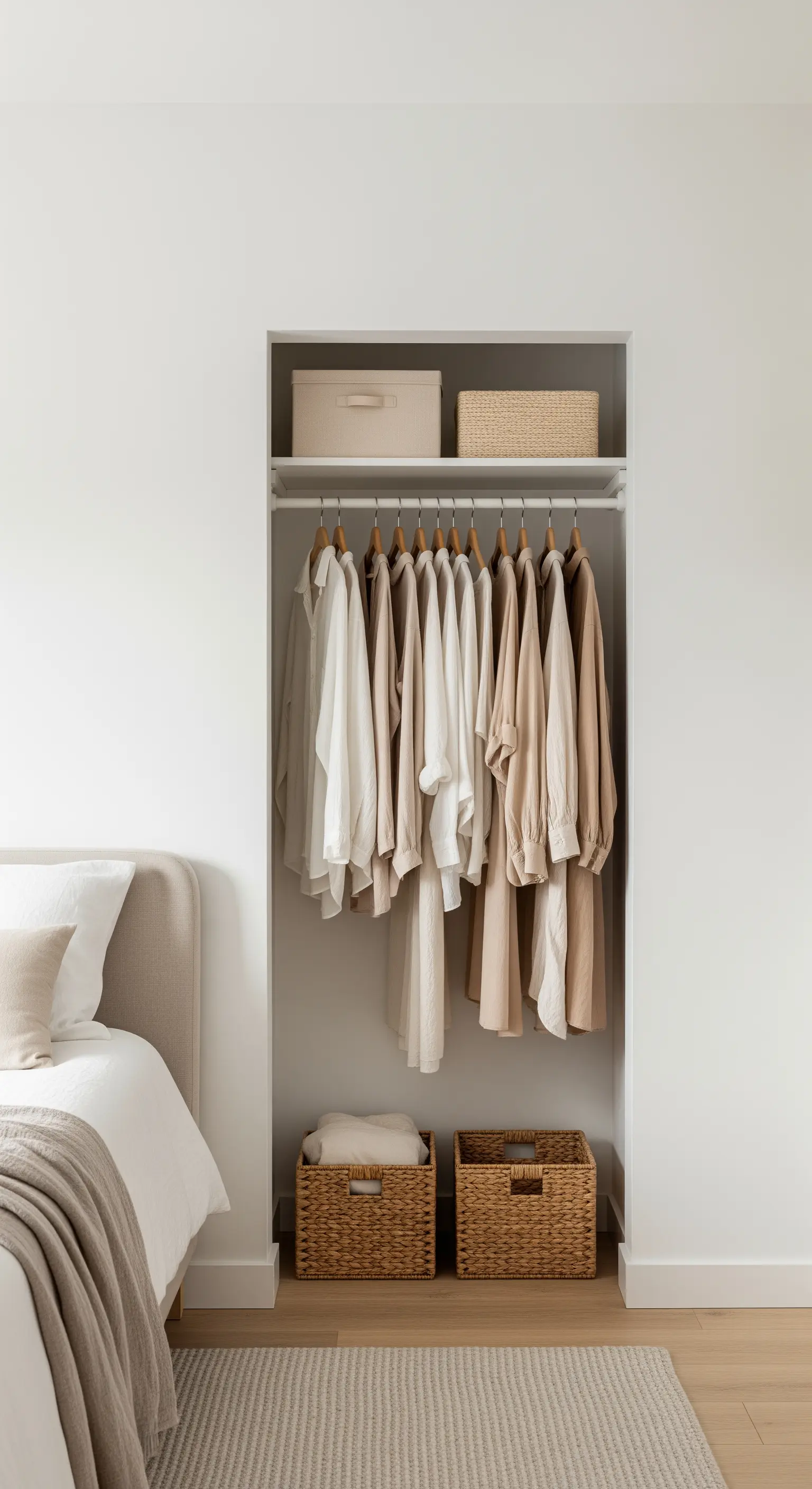 Ein offener, nach Farben sortierter Kleiderschrank für eine stressfreie Morgenroutine.