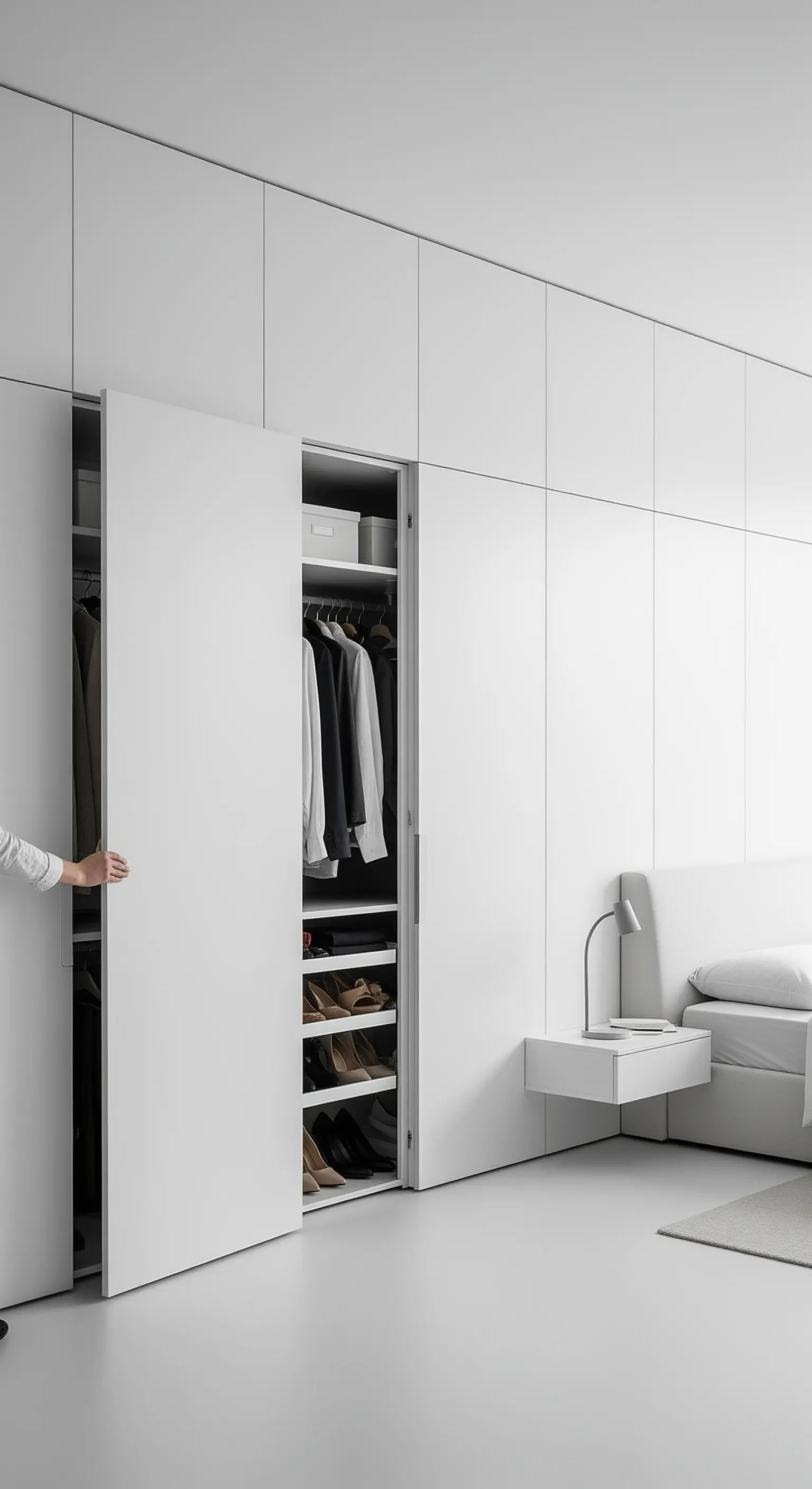 Großer weißer Einbauschrank mit Schiebetüren, der sich nahtlos in die Schlafzimmerwand einfügt.