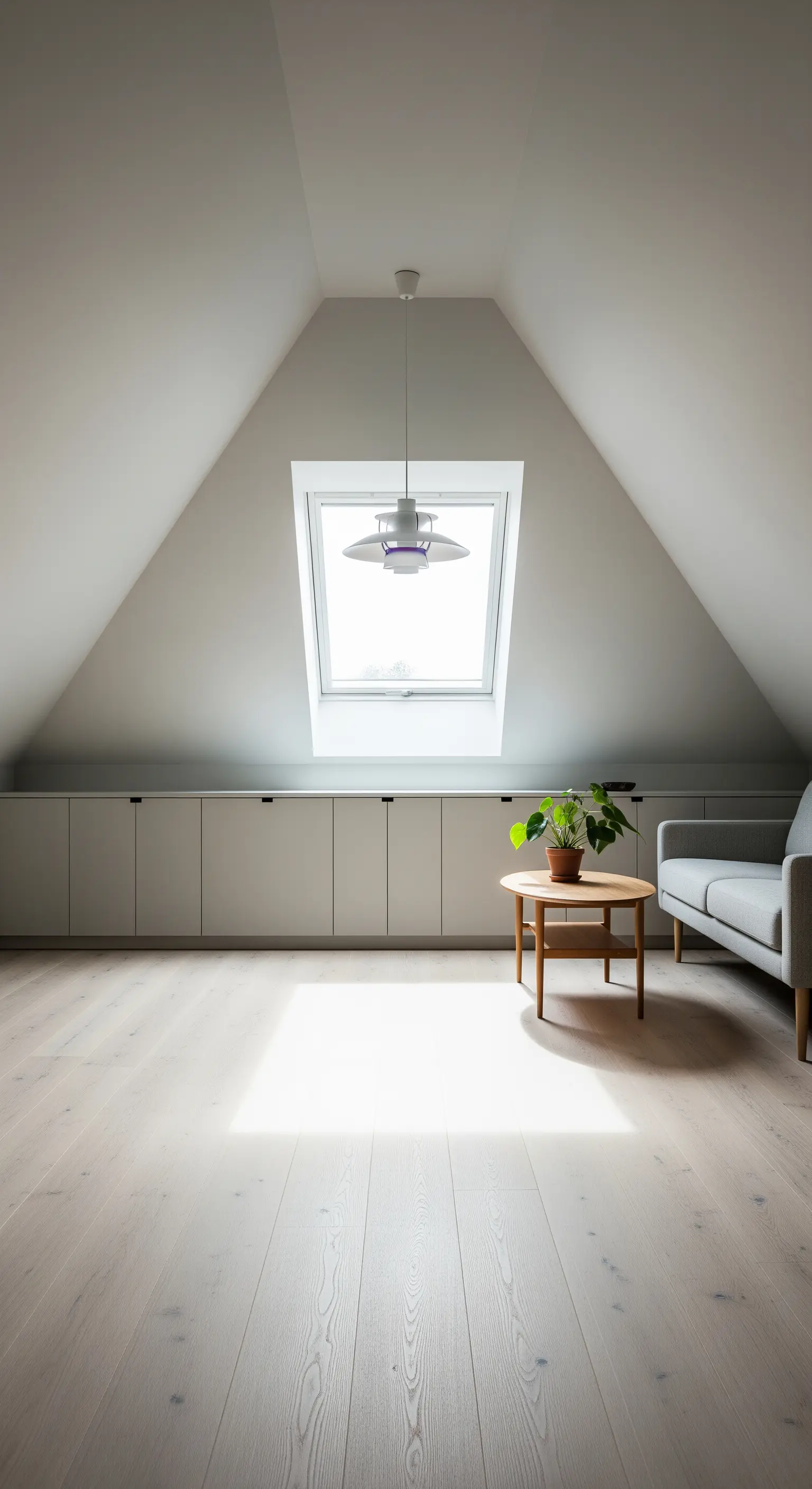 Dachgeschosswohnung mit niedrigen, hellgrauen Einbauschränken entlang der Dachschräge.