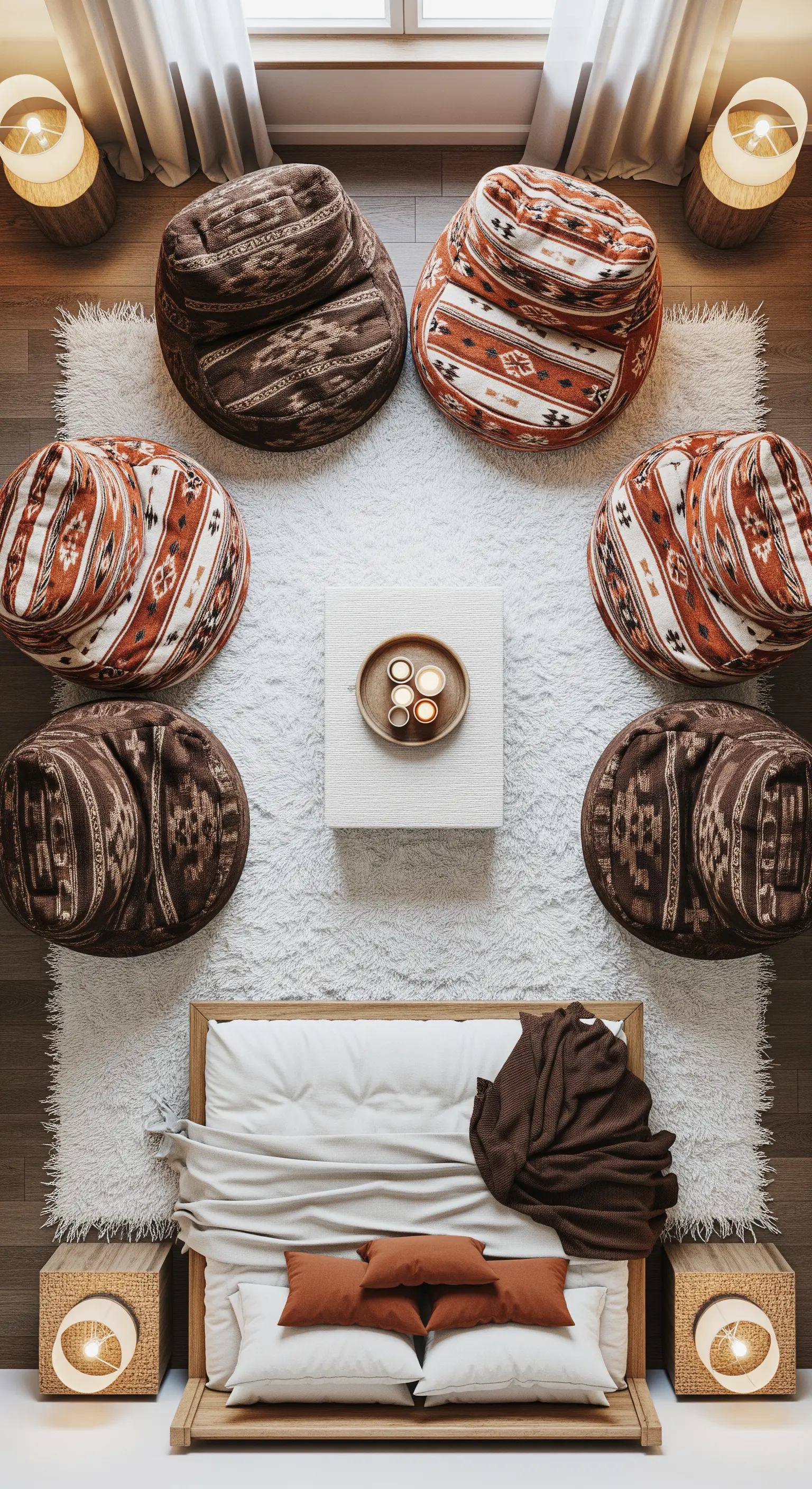 Vogelperspektive auf vier gemusterte Sitzsäcke, die im Kreis um einen kleinen Tisch angeordnet sind