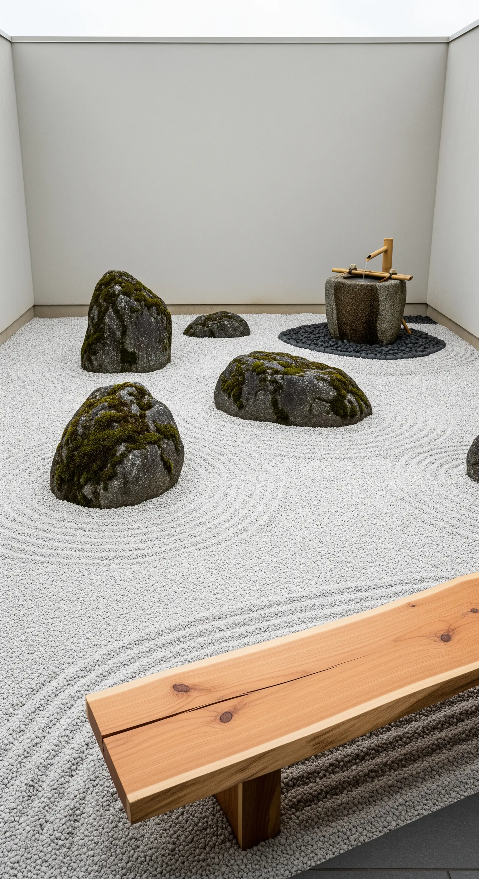 Minimalistischer Zen-Garten mit geharktem Sand, Moosfelsen und einer schlichten Holzbank.