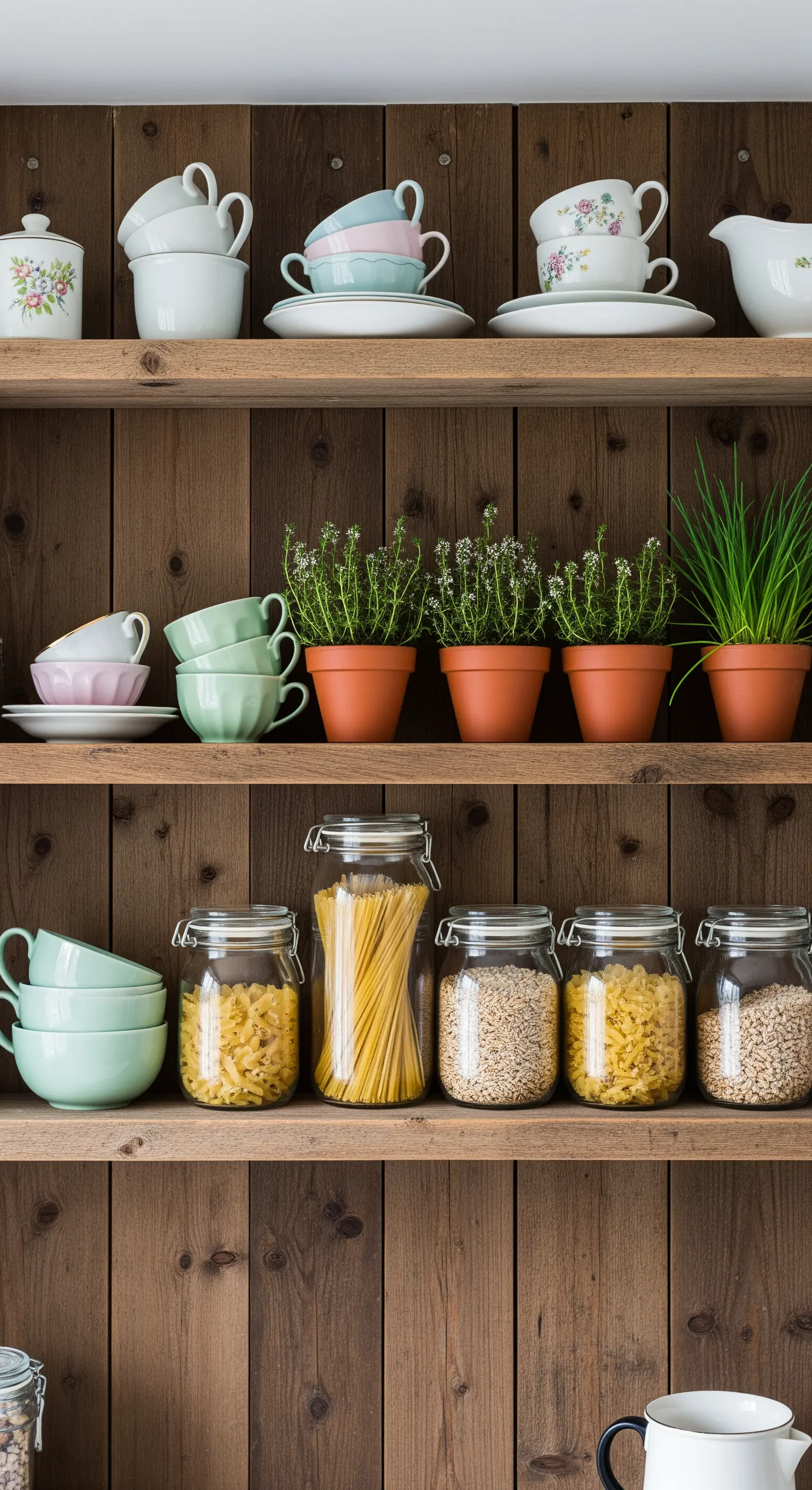Offene Regale aus dunklem Holz, gefüllt mit pastellfarbenem Geschirr und kleinen Kräutertöpfen