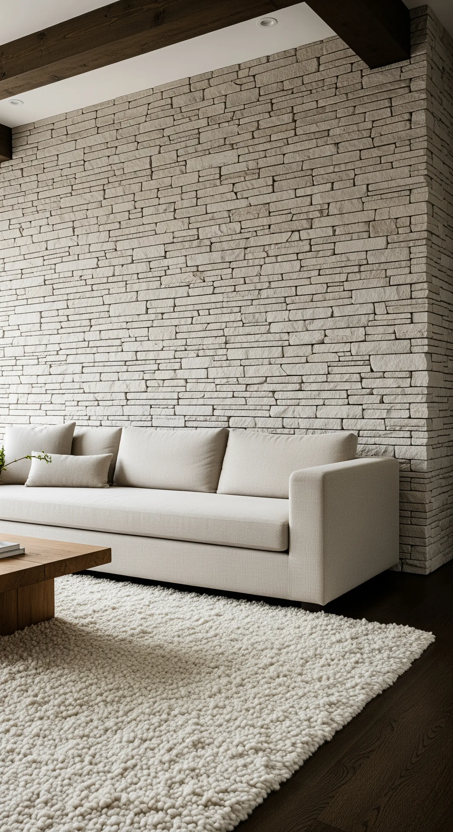Helles Sofa vor einer Wand aus geschichtetem Naturstein auf einem sehr flauschigen Hochflorteppich.