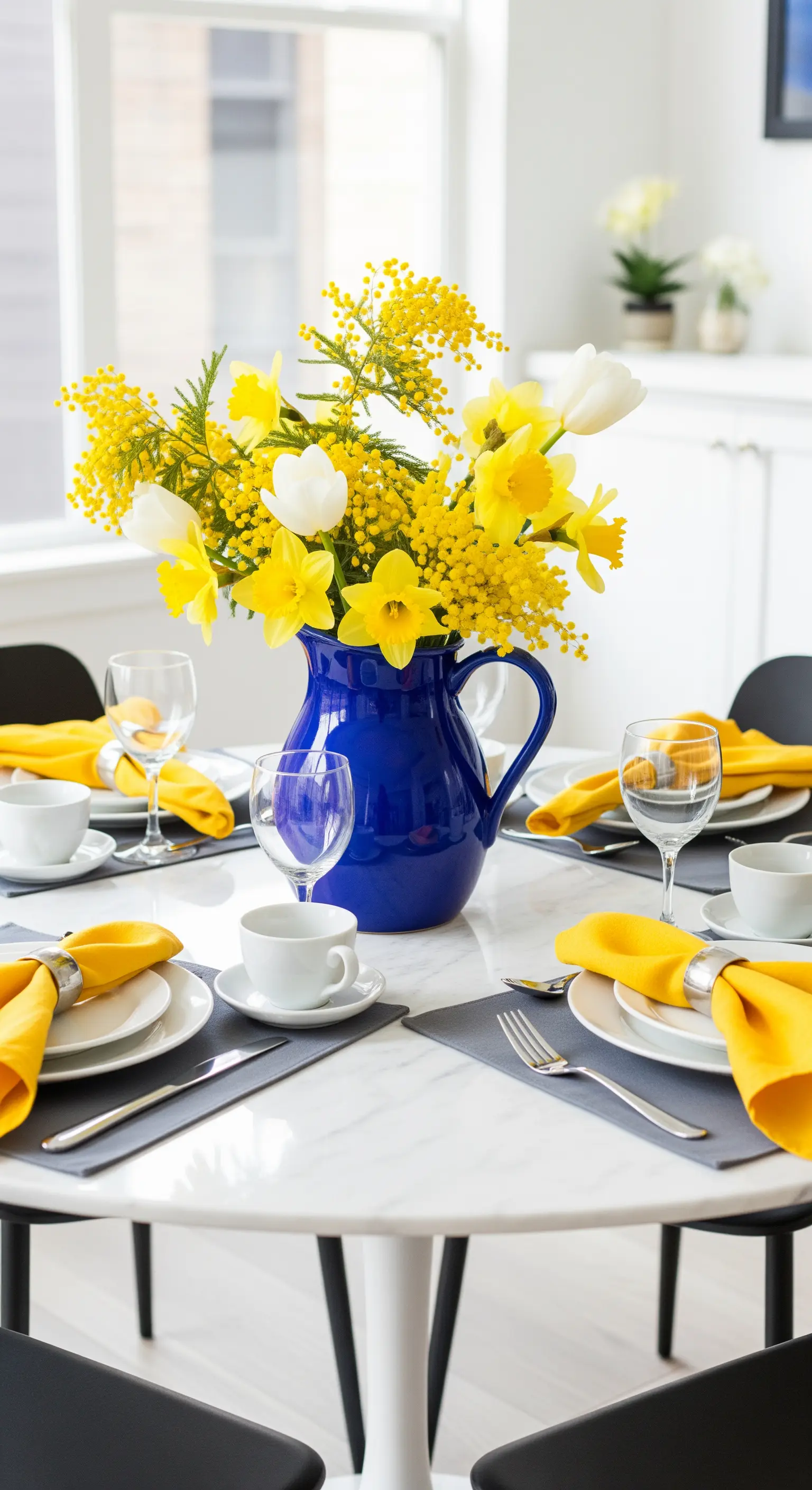 Gelbe Frühlingsblumen in einer leuchtend blauen Vase als starker Farbkontrast