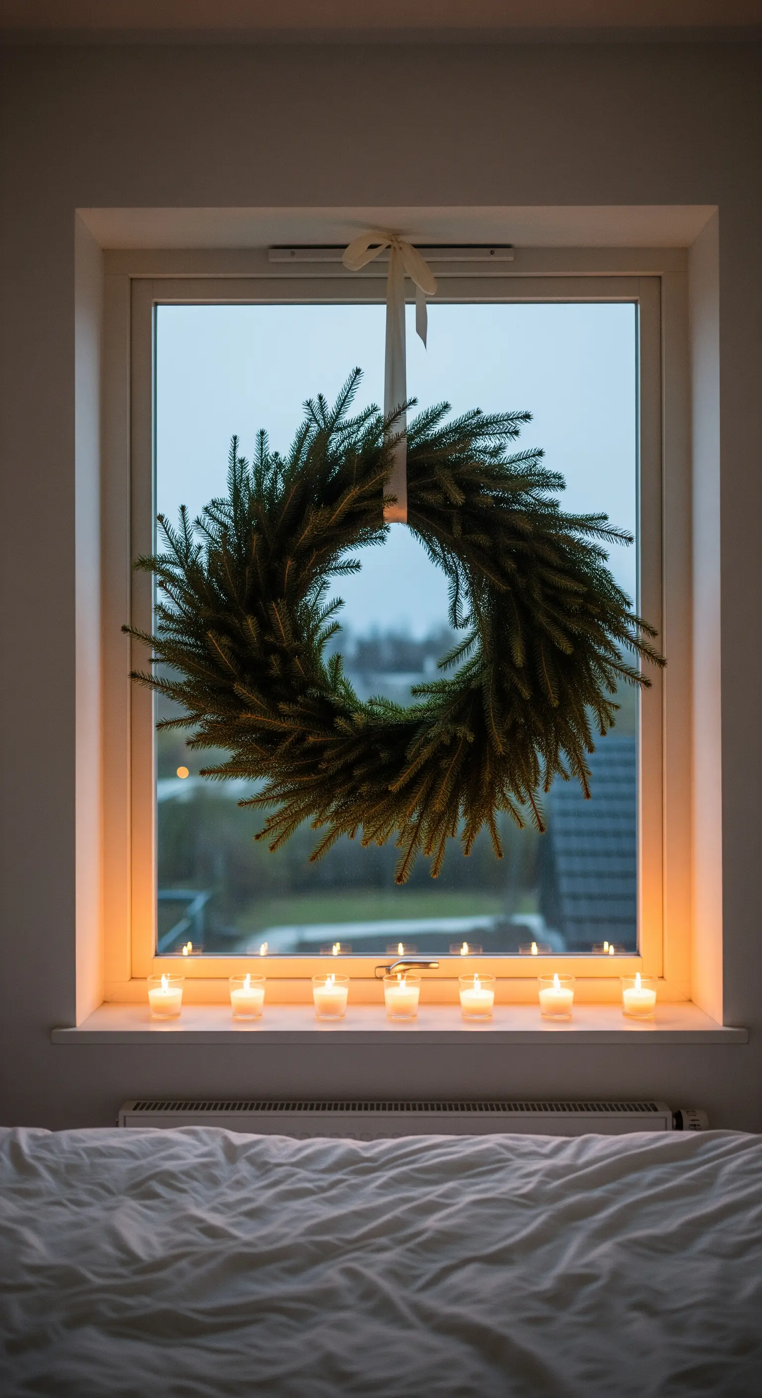 Großer Tannenkranz im Fenster hängend, davor eine Reihe Teelichter auf der Fensterbank.