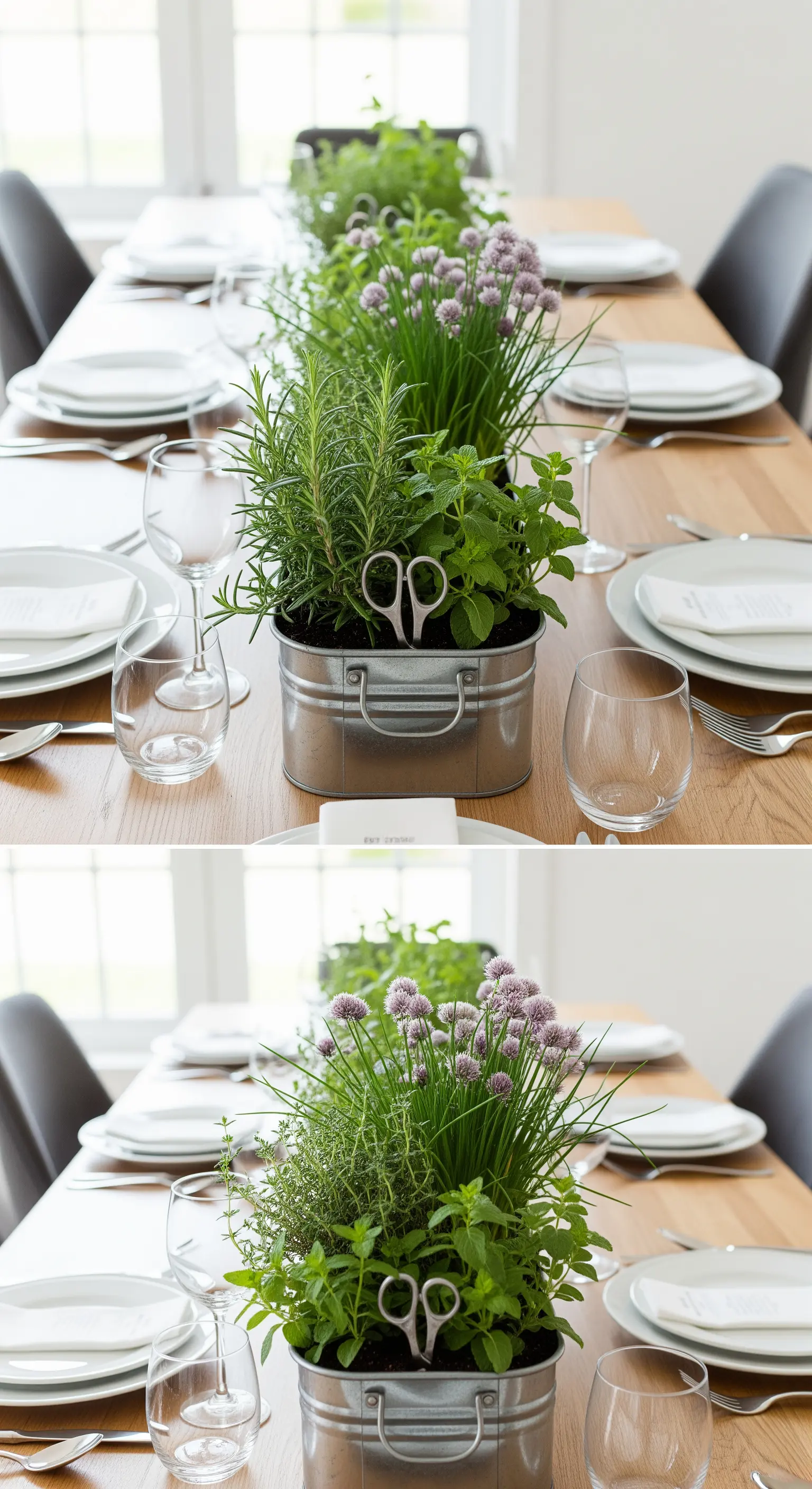Tischdeko mit frischen Küchenkräutern wie Rosmarin und Schnittlauch in einem Zinkbehälter