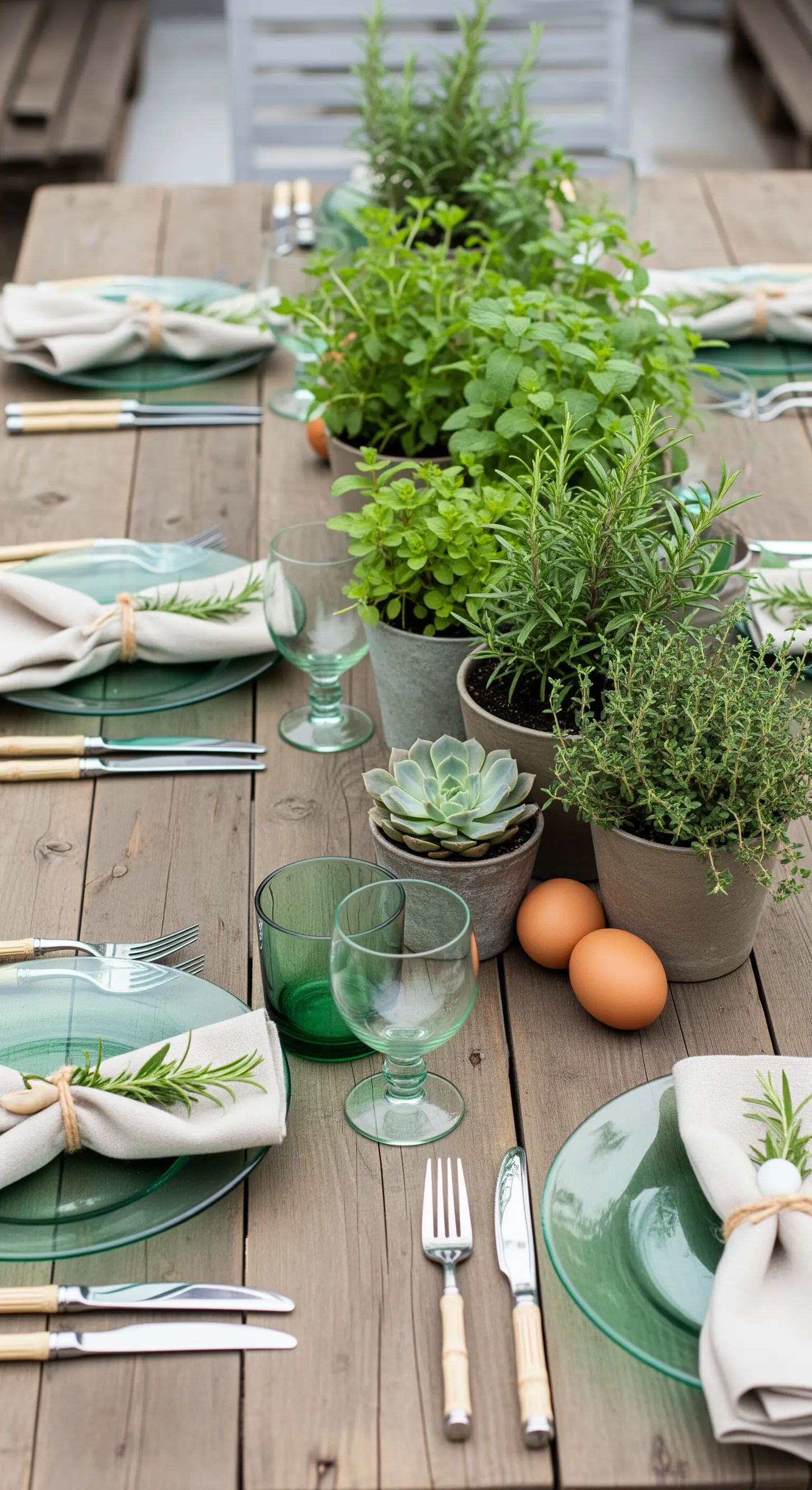 Rustikaler Ostertisch dekoriert mit einer Reihe von frischen Kräutertöpfen als Centerpiece.