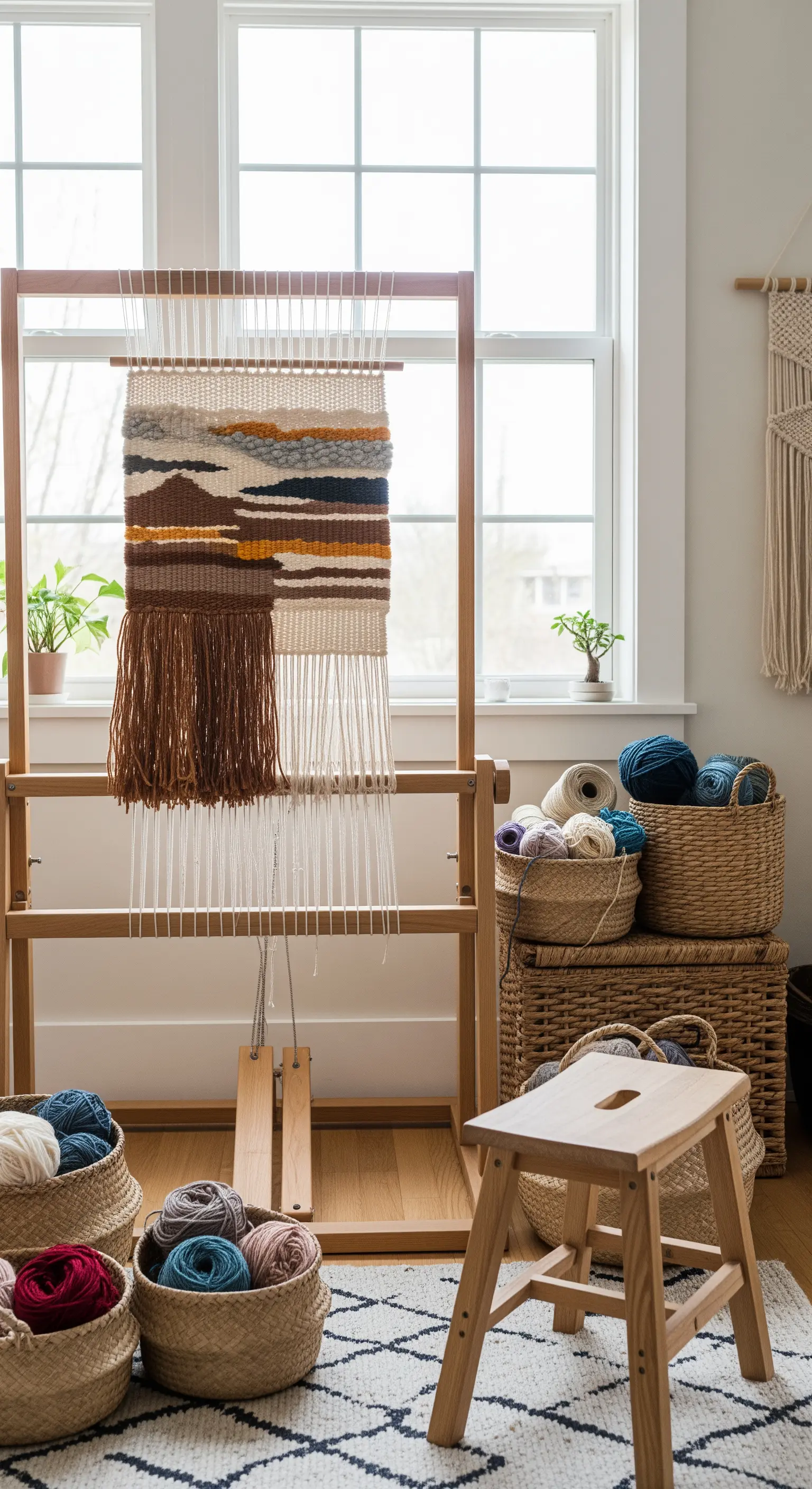 Kreative Ecke mit einem Webstuhl, auf dem ein Wandteppich entsteht, und Körben voller Wolle.