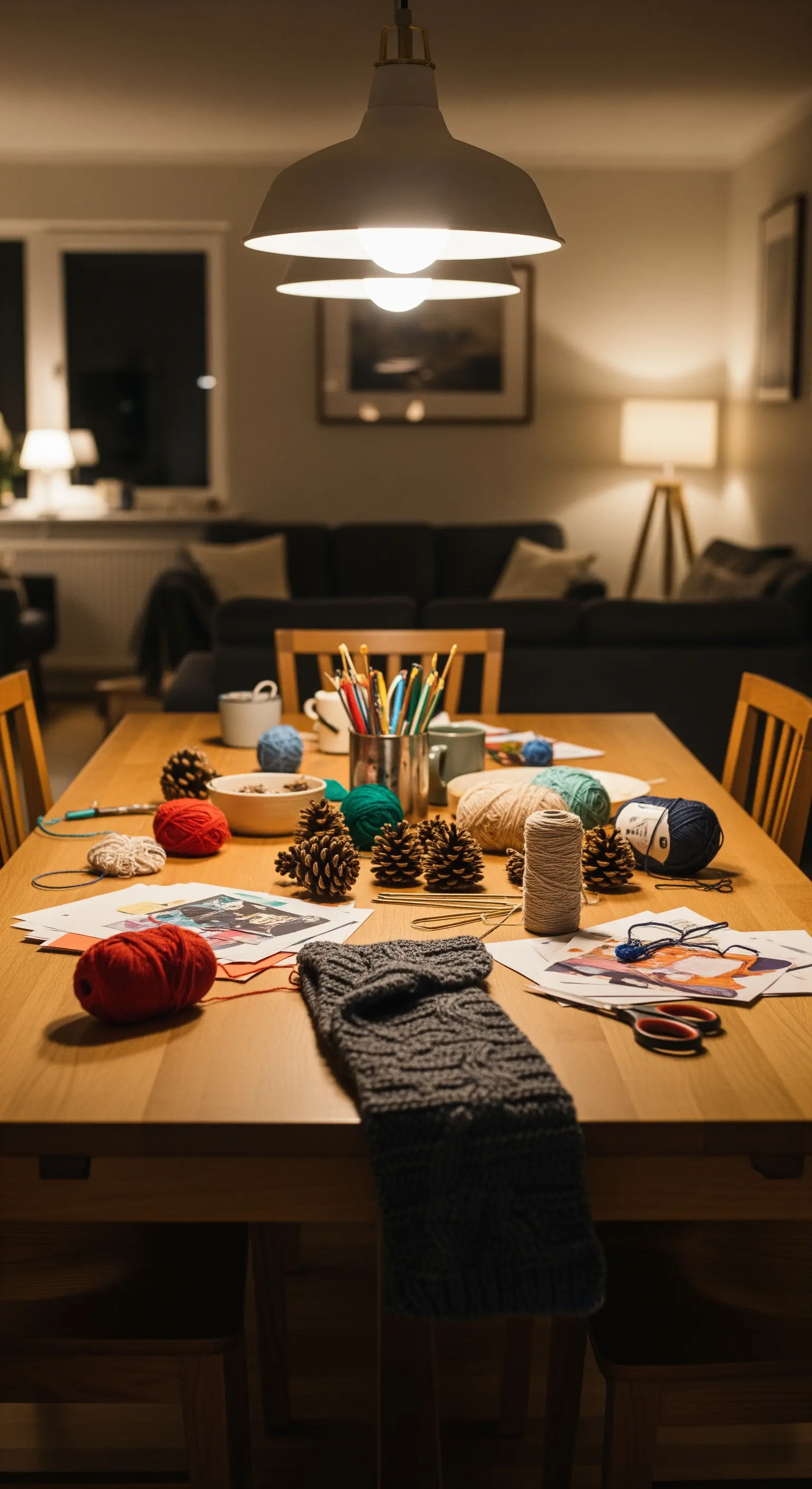 Ein Esstisch, der mit Wolle, Zapfen und Bastelmaterial für ein Winterprojekt gedeckt ist.