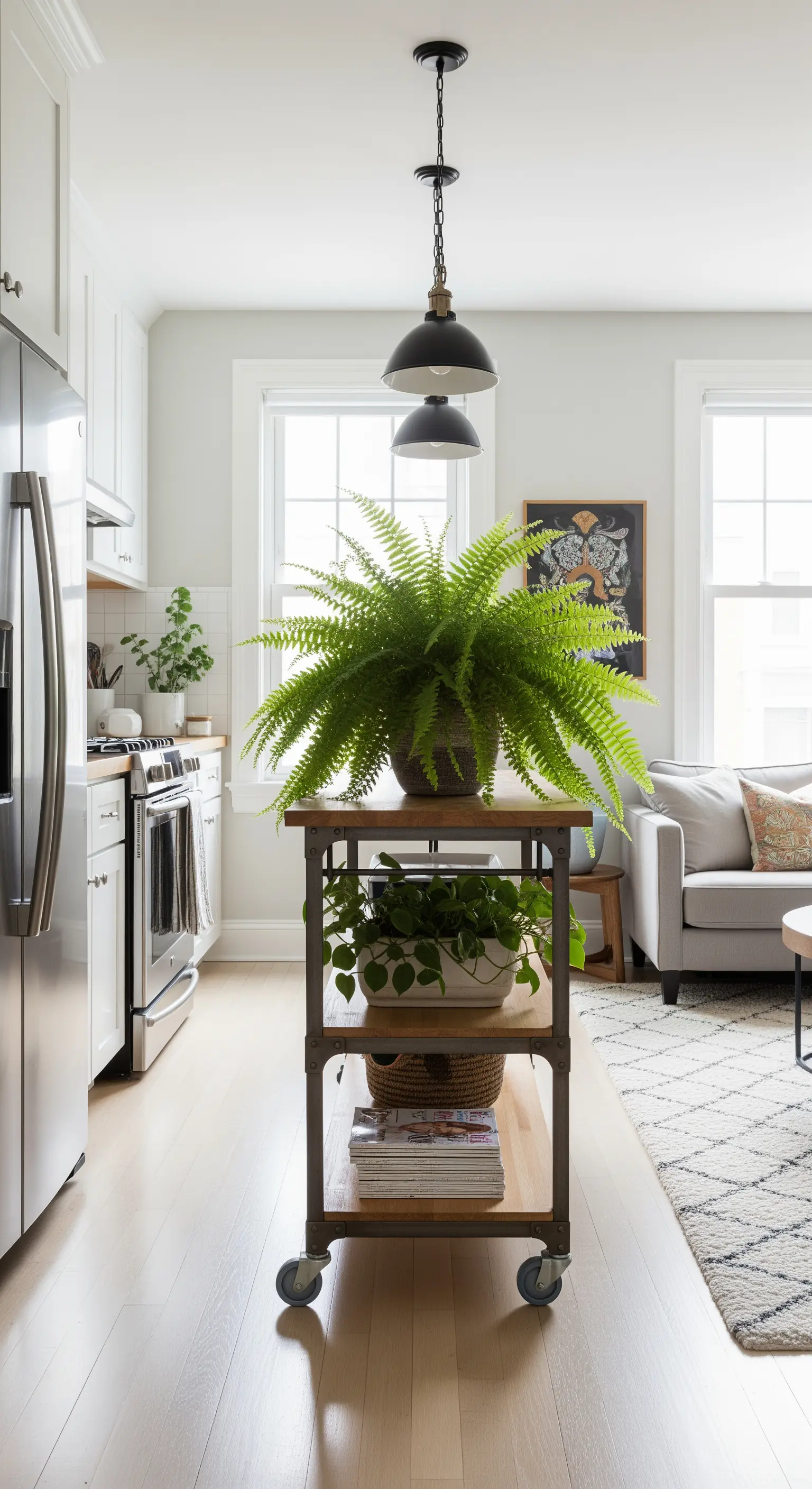 Ein großer Farn thront auf einem industriellen Küchenwagen, der als Raumteiler fungiert.