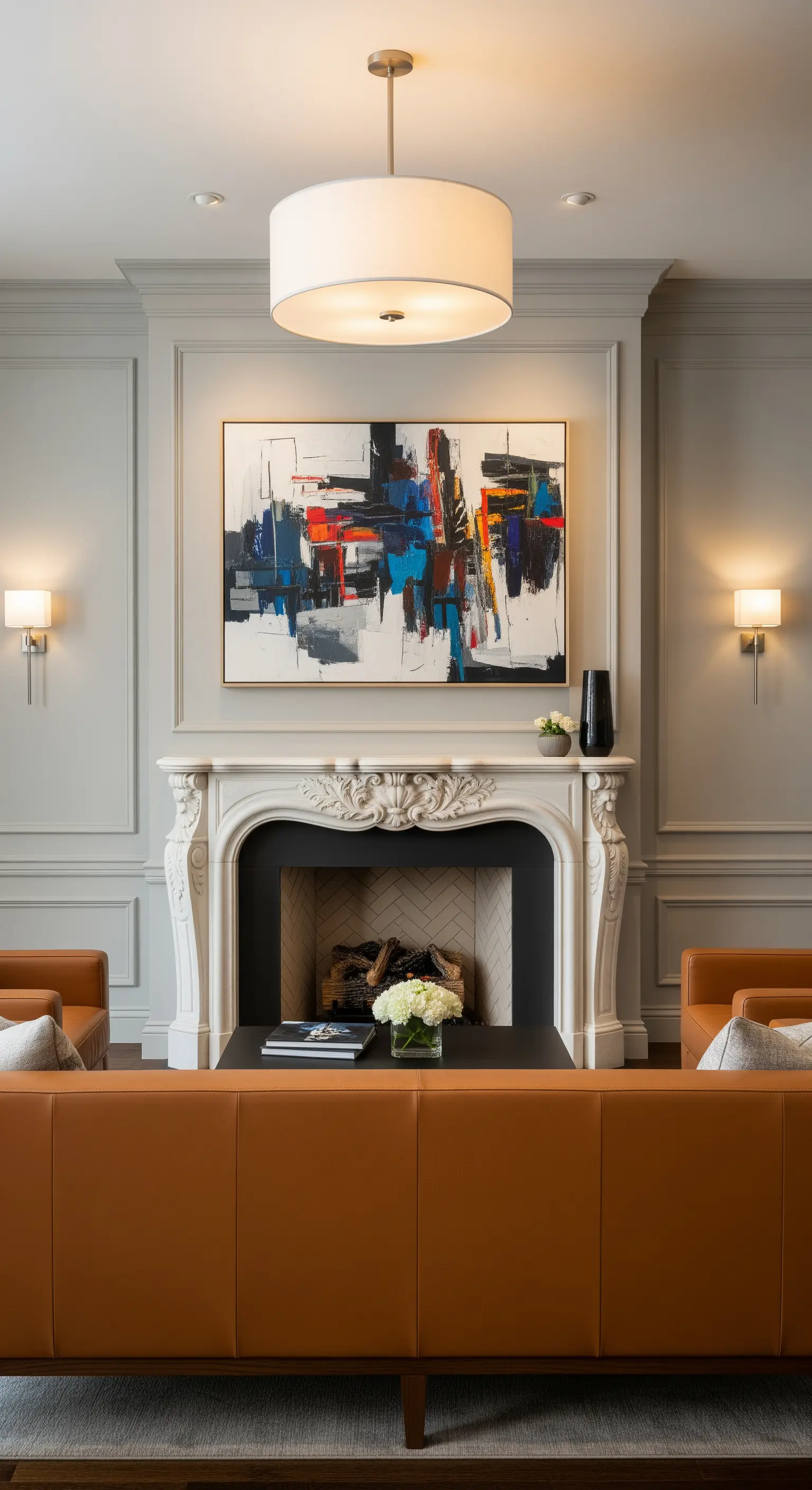 Klassischer Kamin mit moderner, abstrakter Kunst in einem eleganten, grauen Wohnzimmer.