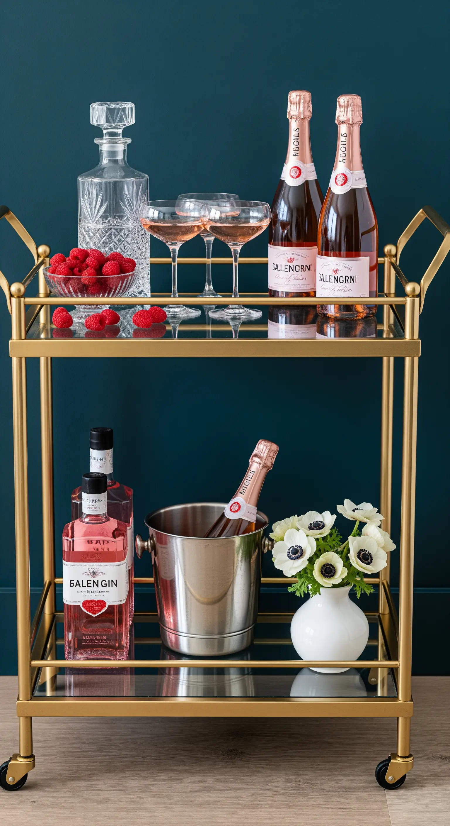 Goldener Barwagen mit Rosé-Getränken, Himbeeren und weißen Anemonen.