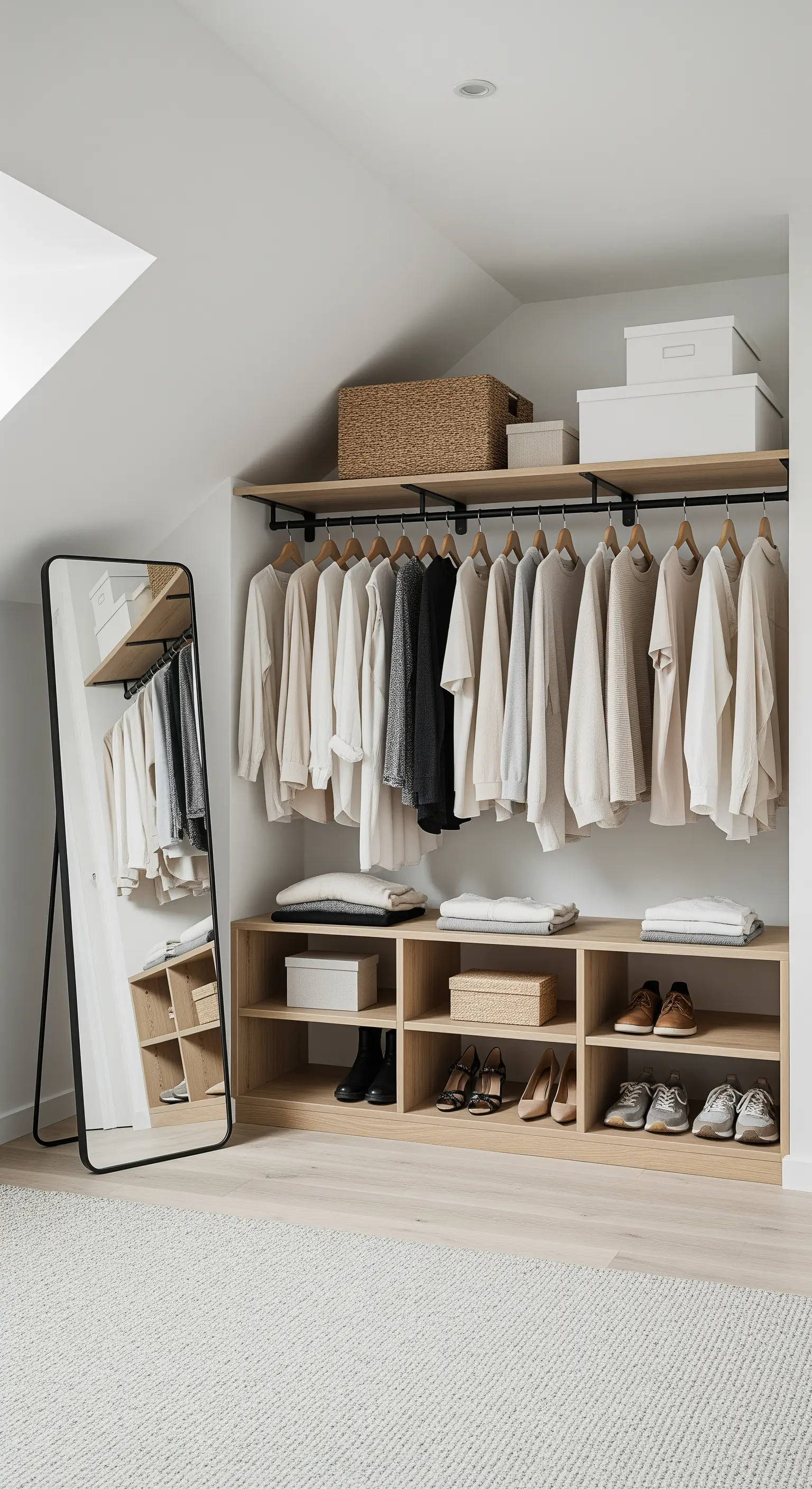 Offenes Kleiderschranksystem unter einer Dachschräge mit nach Farben sortierter Kleidung und einem Standspiegel.