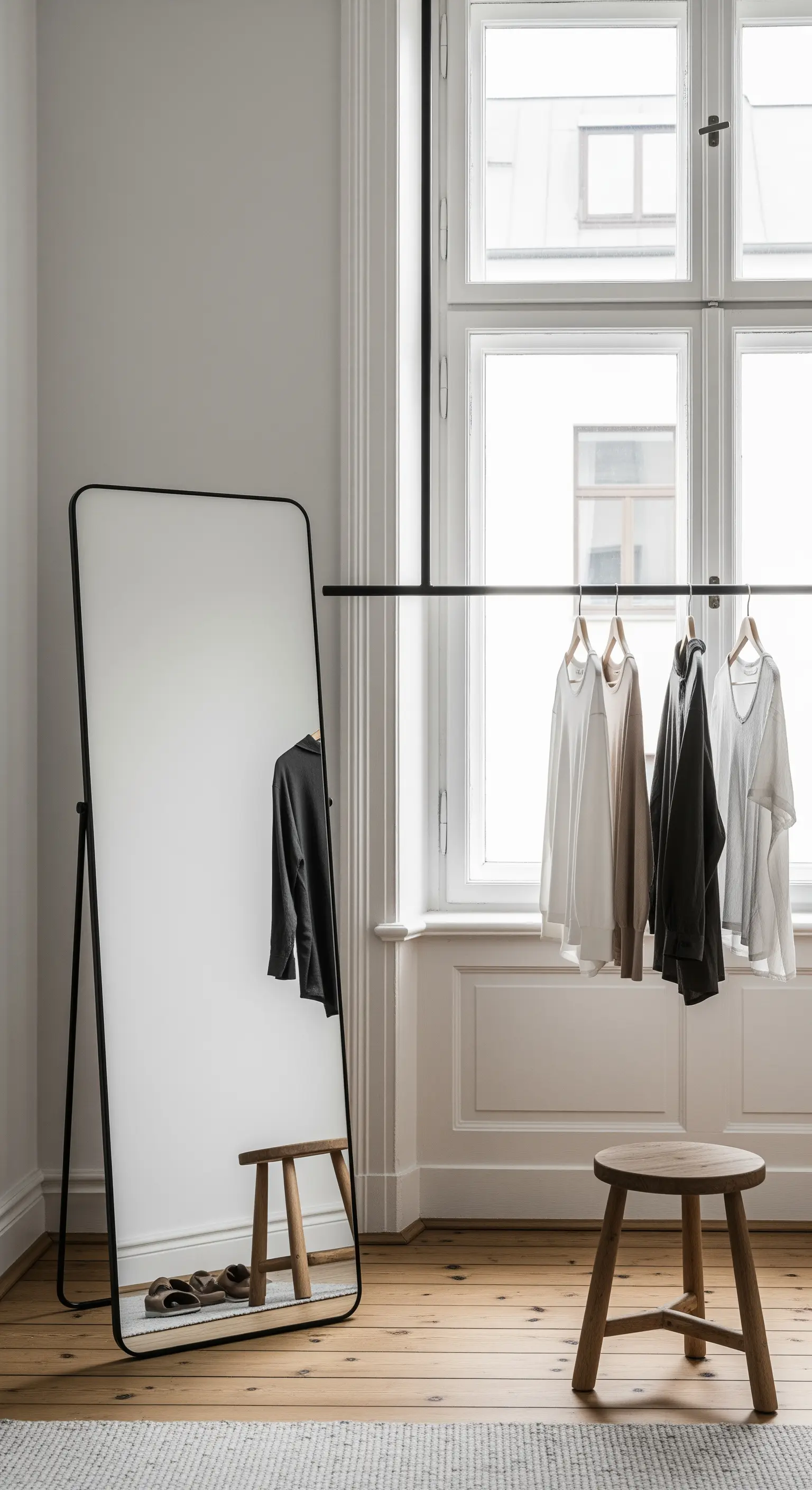 Offene Ankleideecke mit schwarzer Kleiderstange, einem großen Spiegel und Holzhocker.