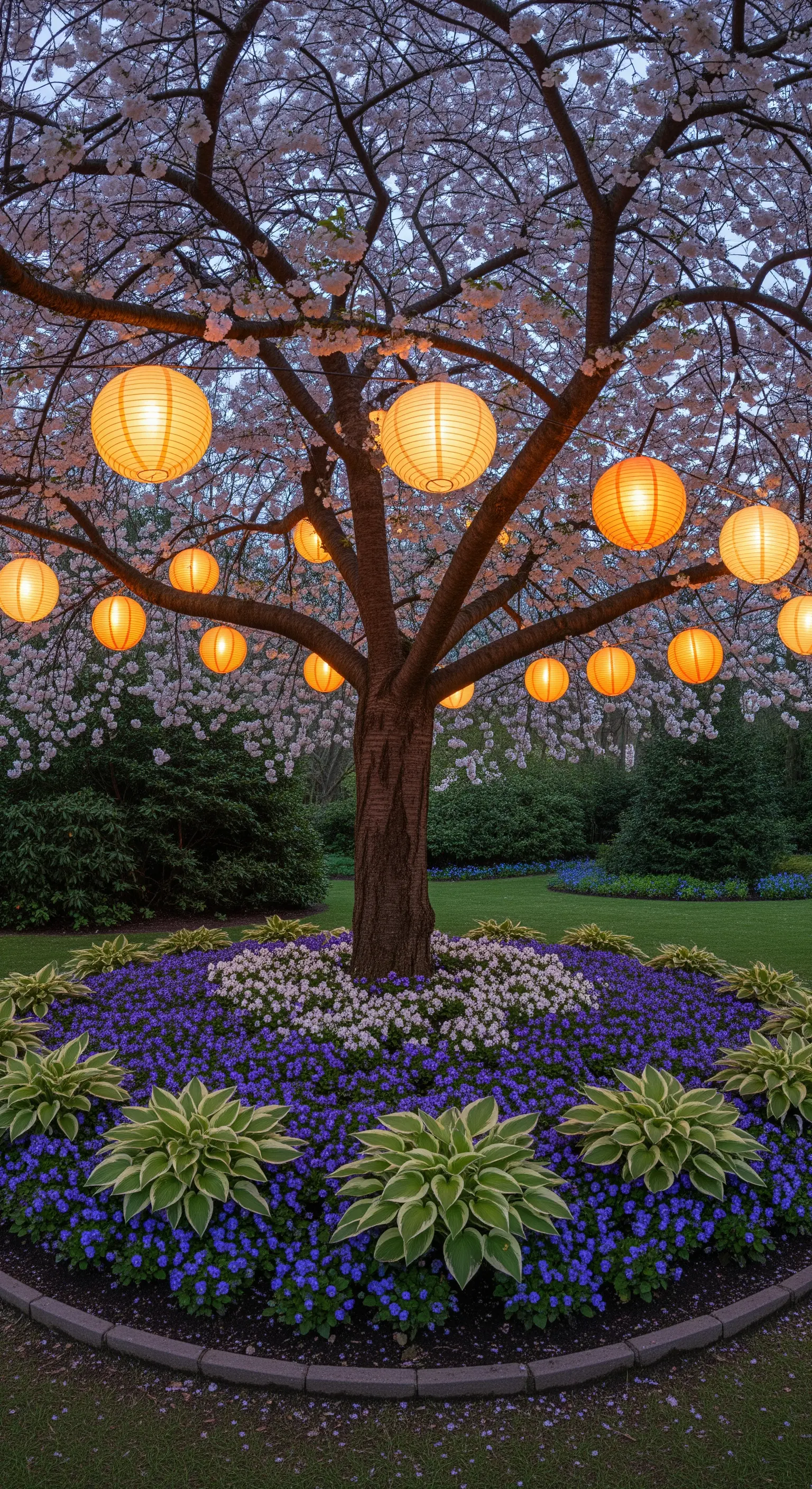 Ein blühender Baum, geschmückt mit leuchtenden Papierlampions, über einem Beet aus lila Blumen.