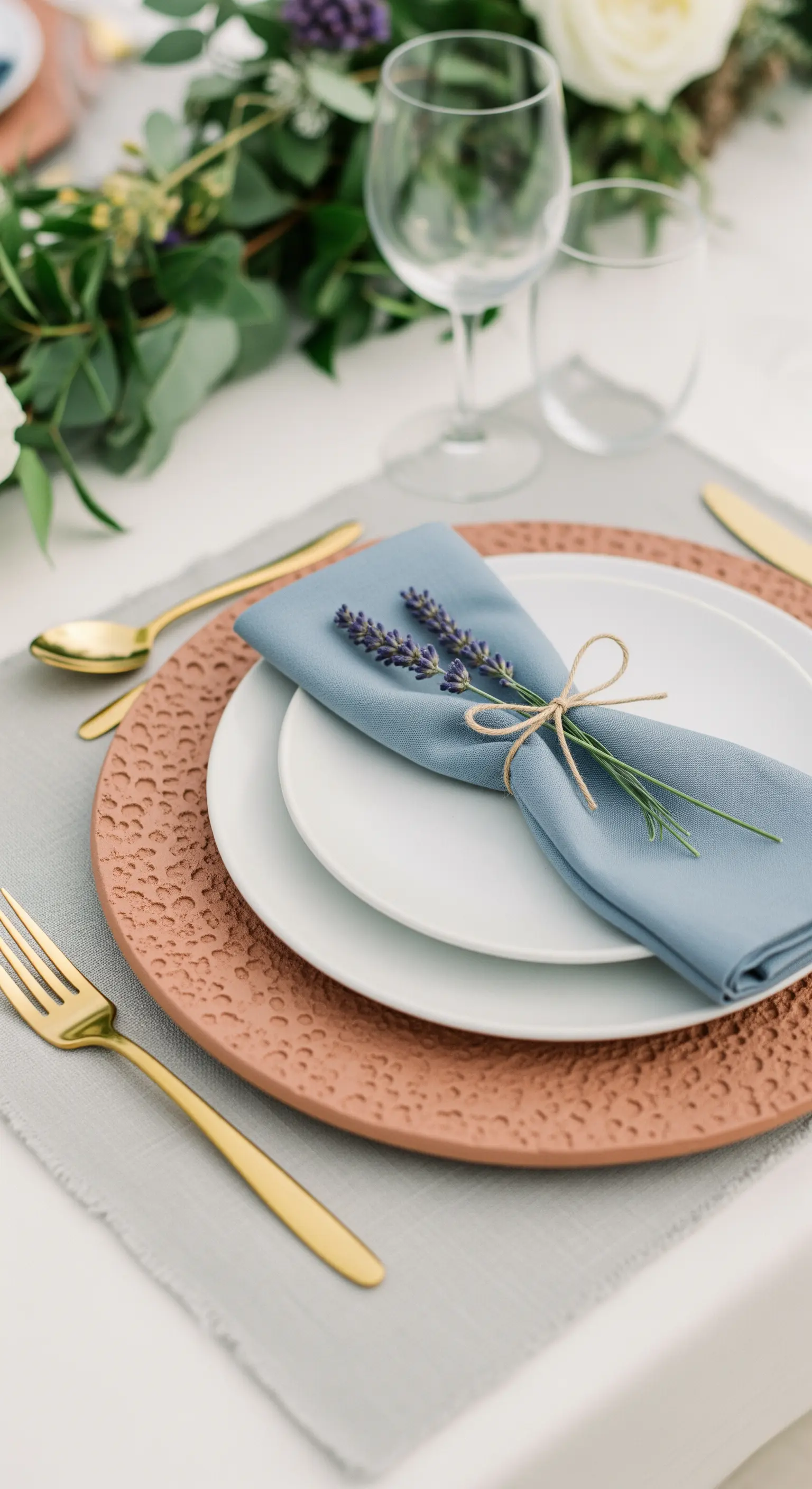 Gedeck mit blau-grauer Serviette, Lavendelzweig, goldenem Besteck und einem Terrakotta-Platzteller