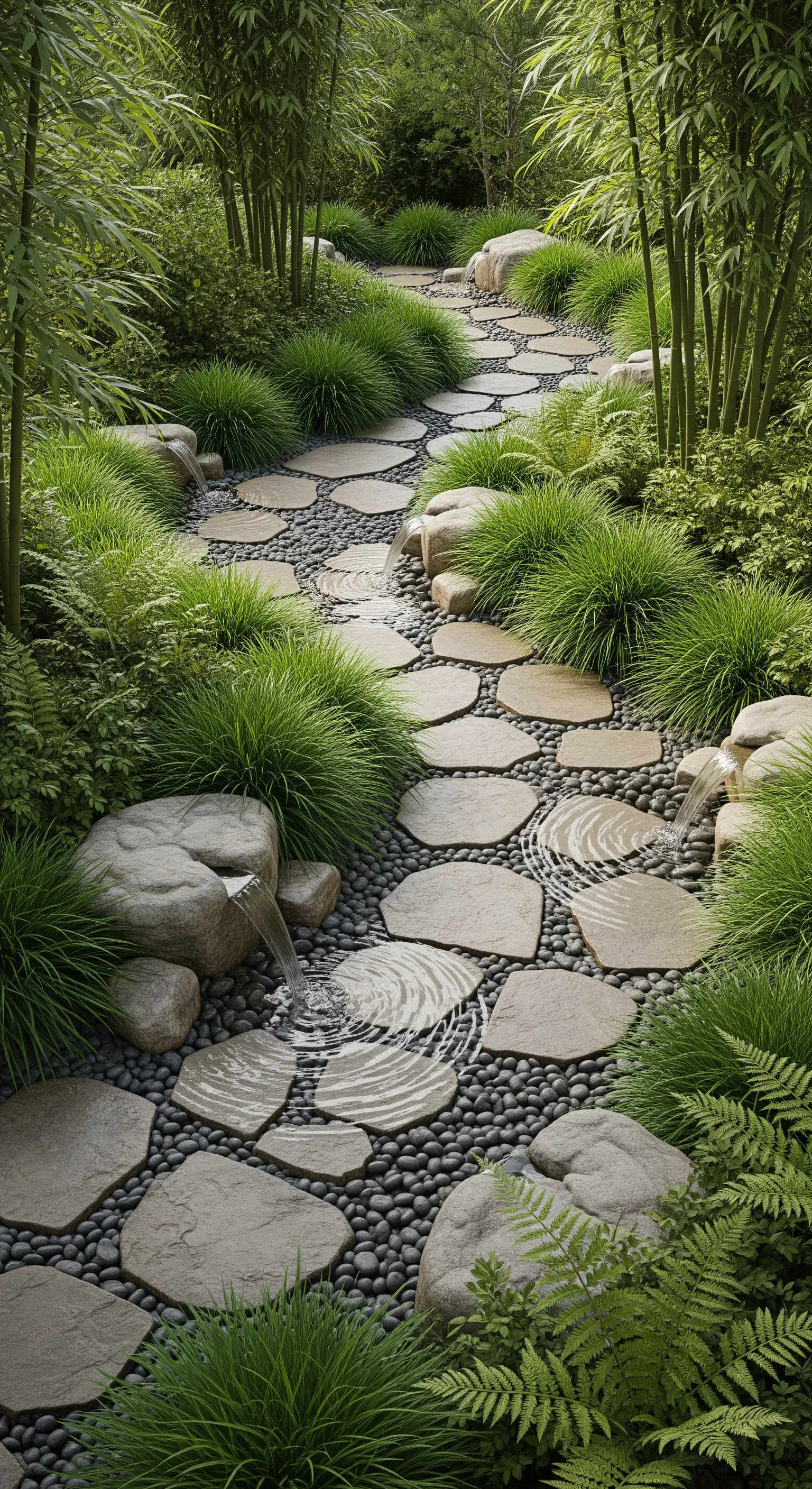 Ein Gartenpfad aus Trittsteinen, die durch einen flachen, mit Kieselsteinen gesäumten Bach führen.