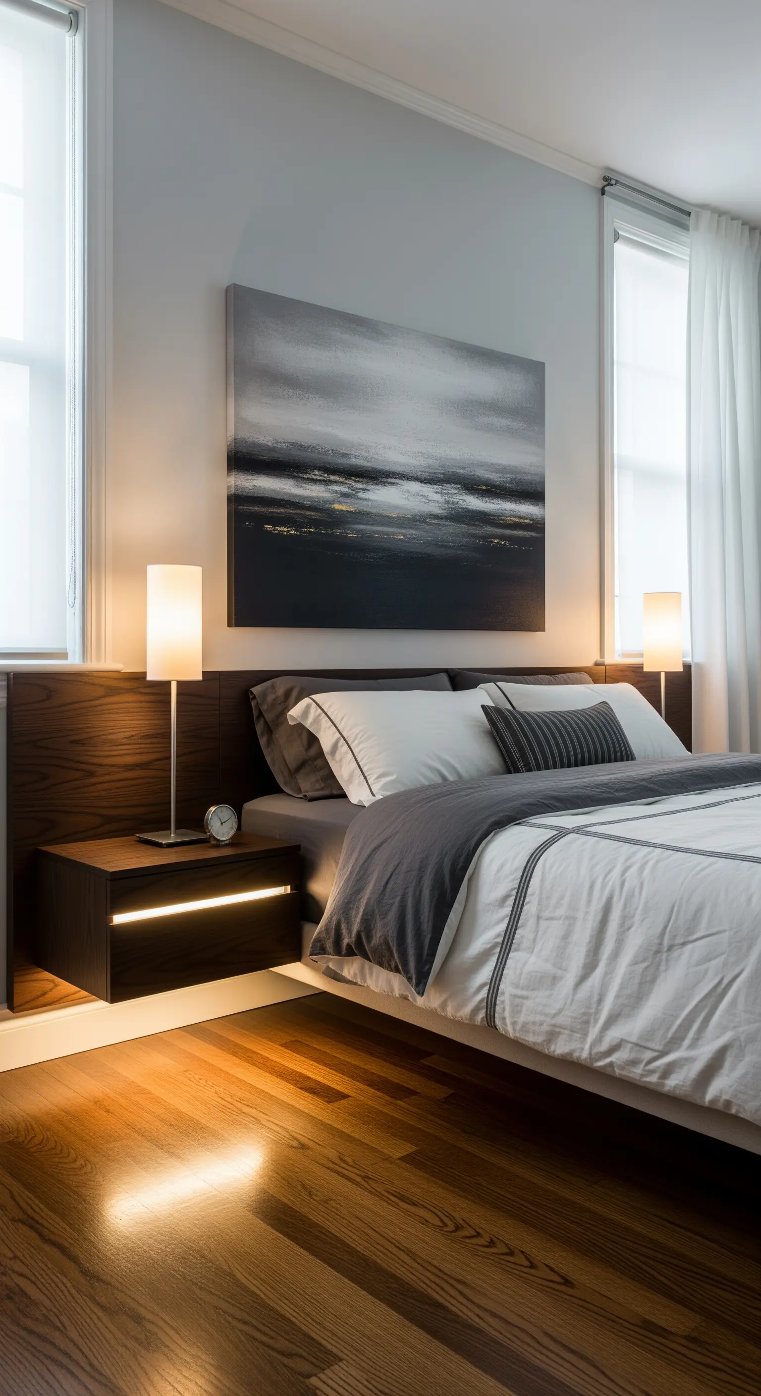 Ein schwebender Holz-Nachttisch mit einem integrierten, horizontalen LED-Lichtstreifen.