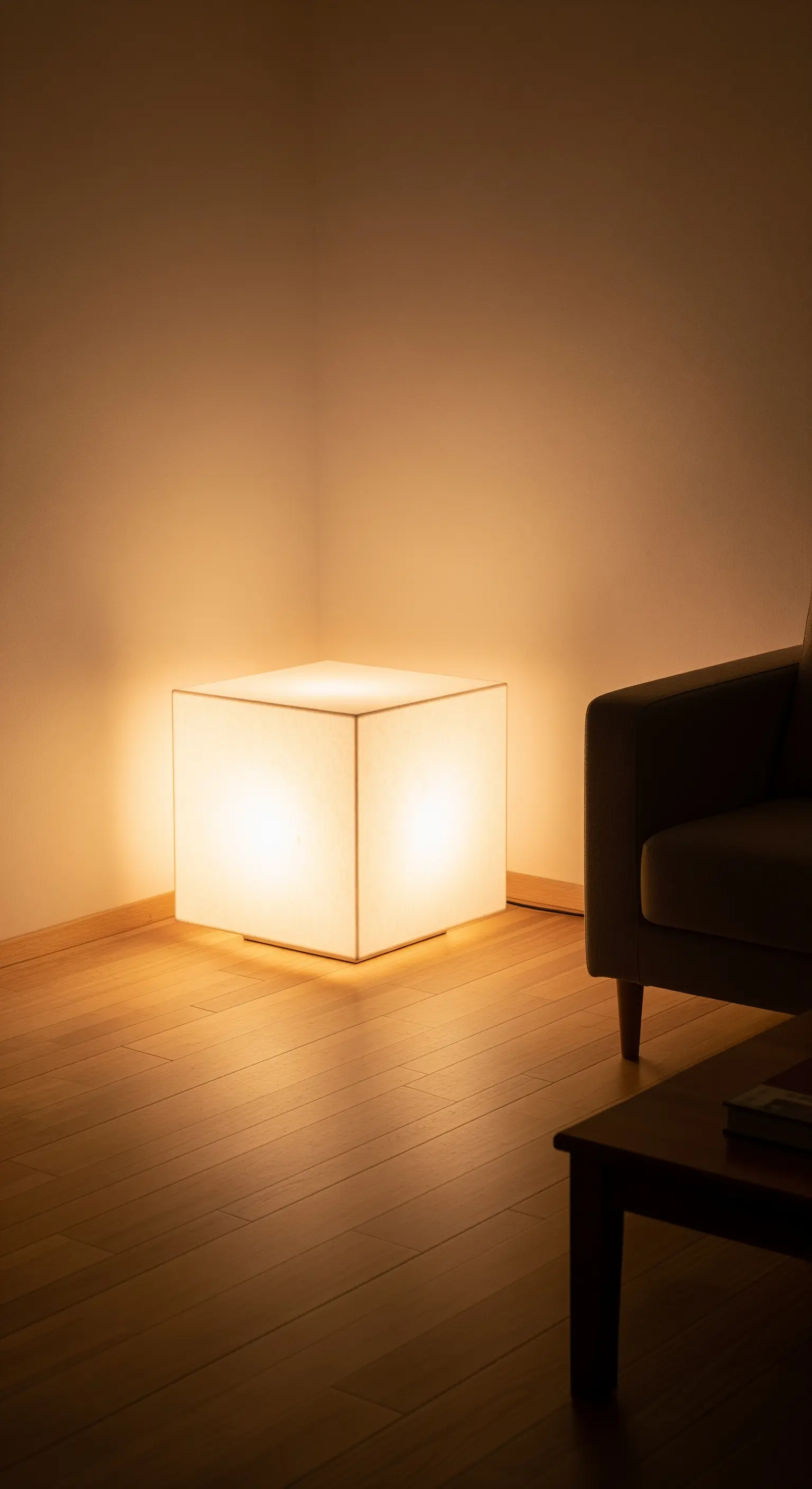 Großer leuchtender Würfel als Bodenlampe in einer minimalistischen Raumecke.