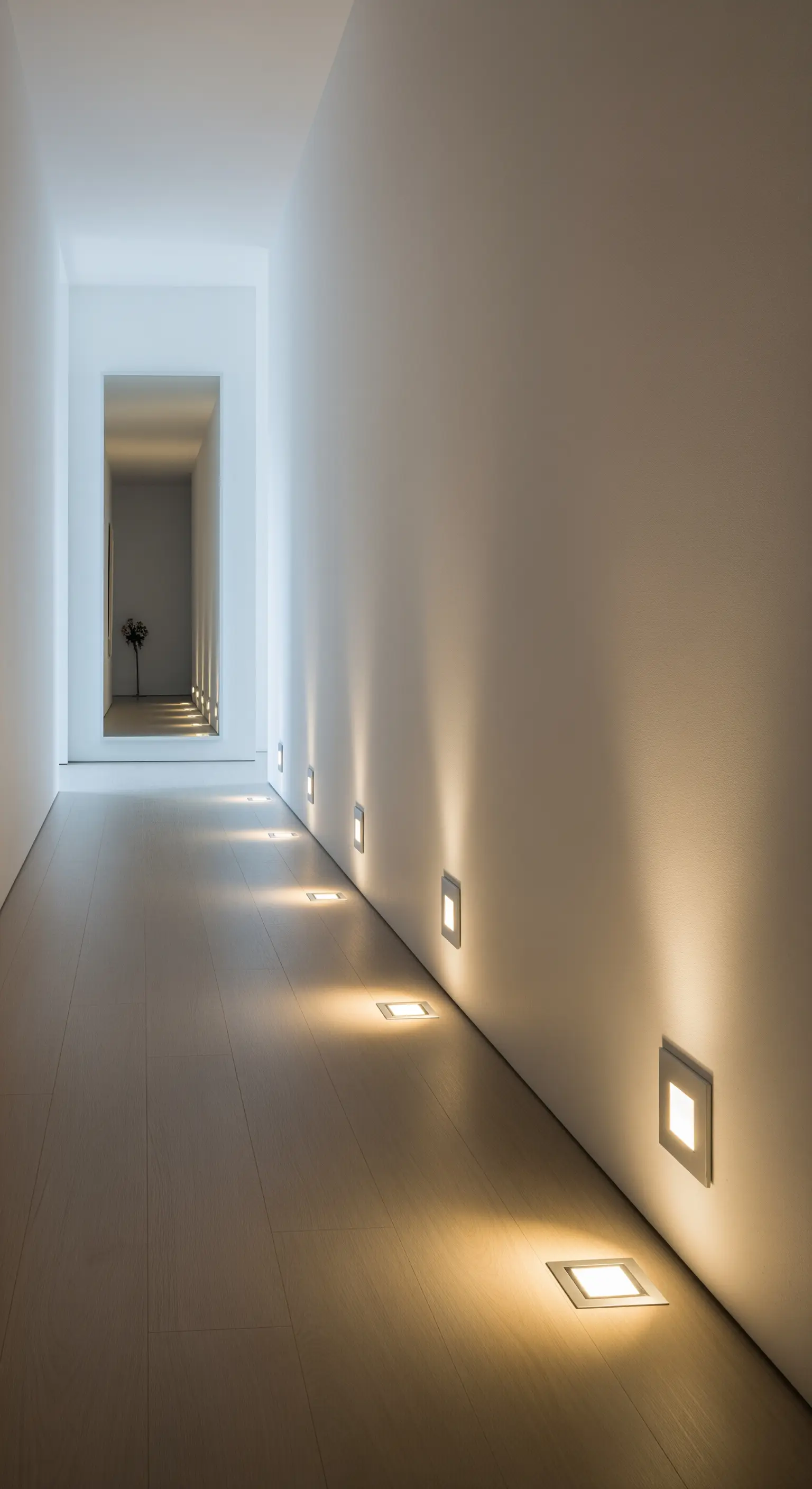 Bodeneinbauleuchten in einem langen, minimalistischen Flur mit hellem Holzboden.