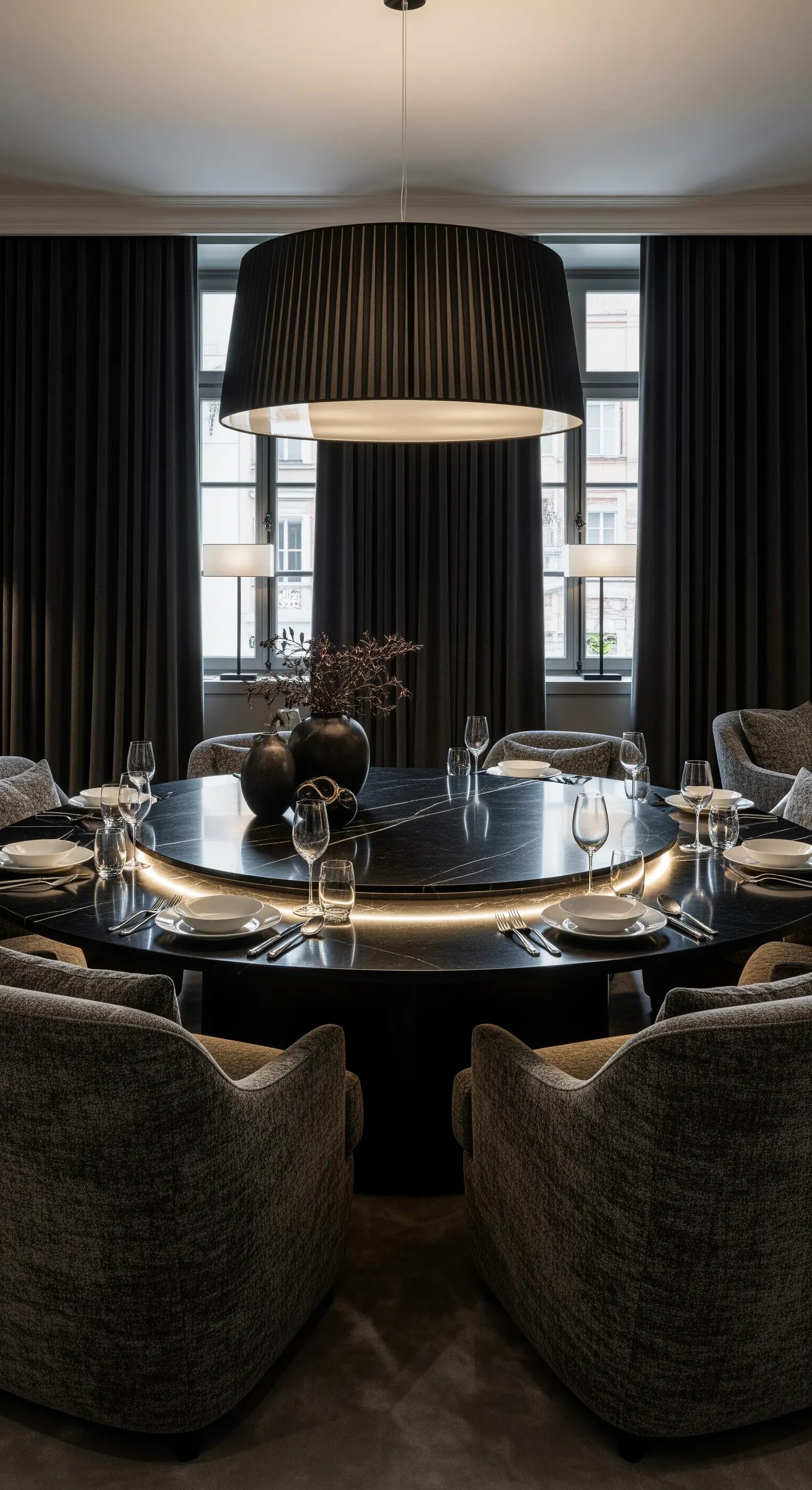 Runder schwarzer Marmortisch mit einem integrierten leuchtenden Ring in der Mitte.