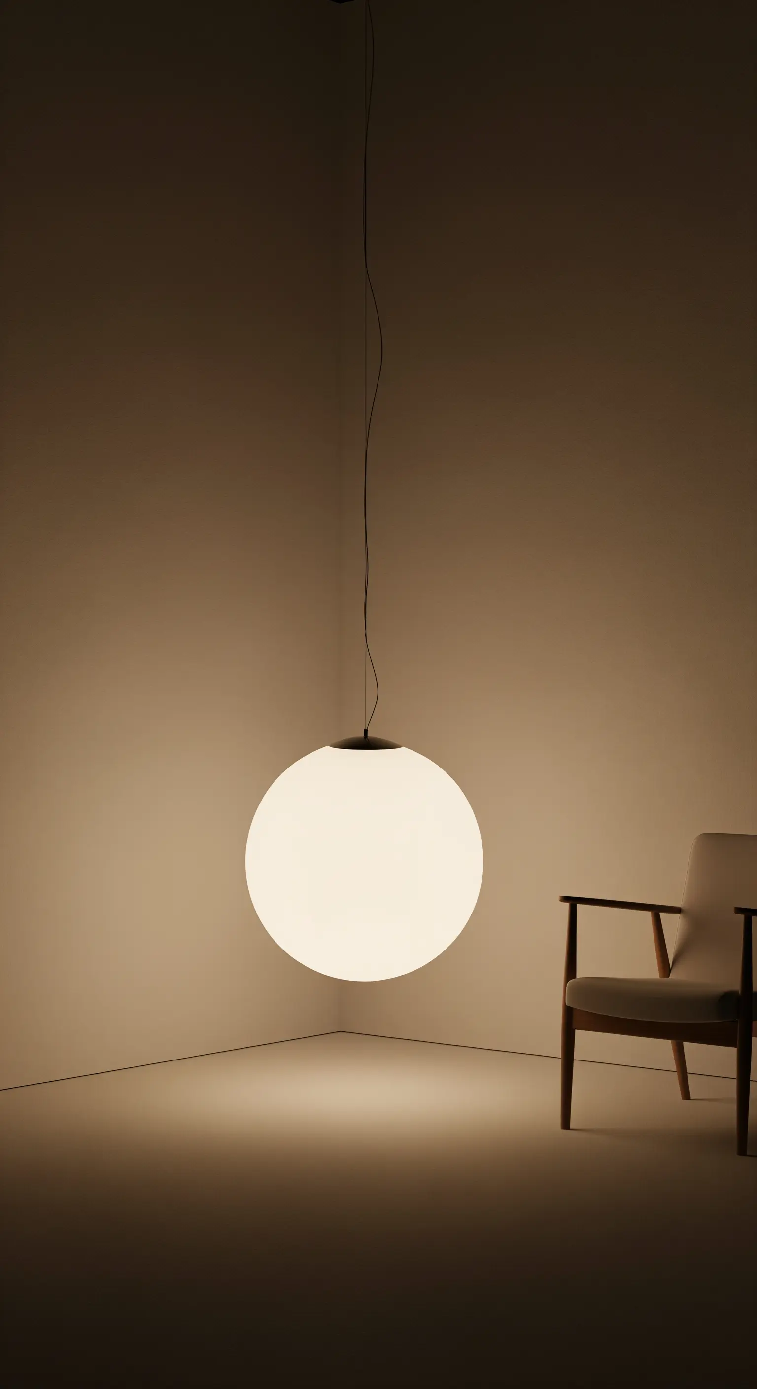 Große, tief hängende Kugel-Pendelleuchte aus mattem Glas in einer leeren Raumecke.