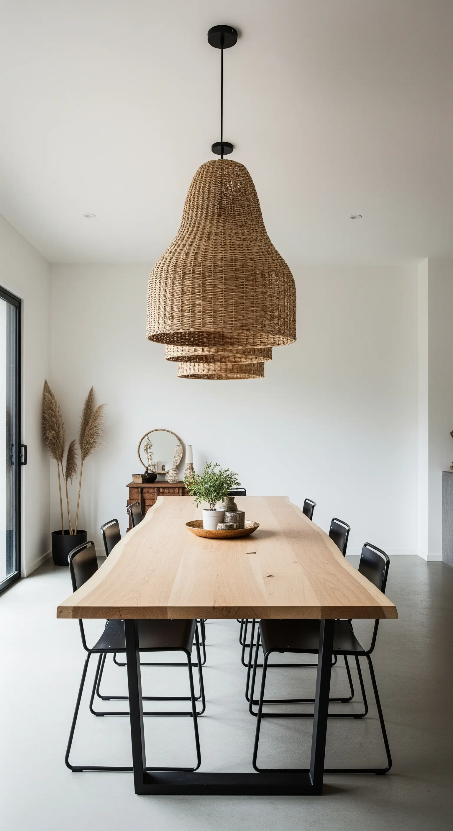 Großer, gestufter Rattan-Lampenschirm hängt tief über einem langen Holztisch.