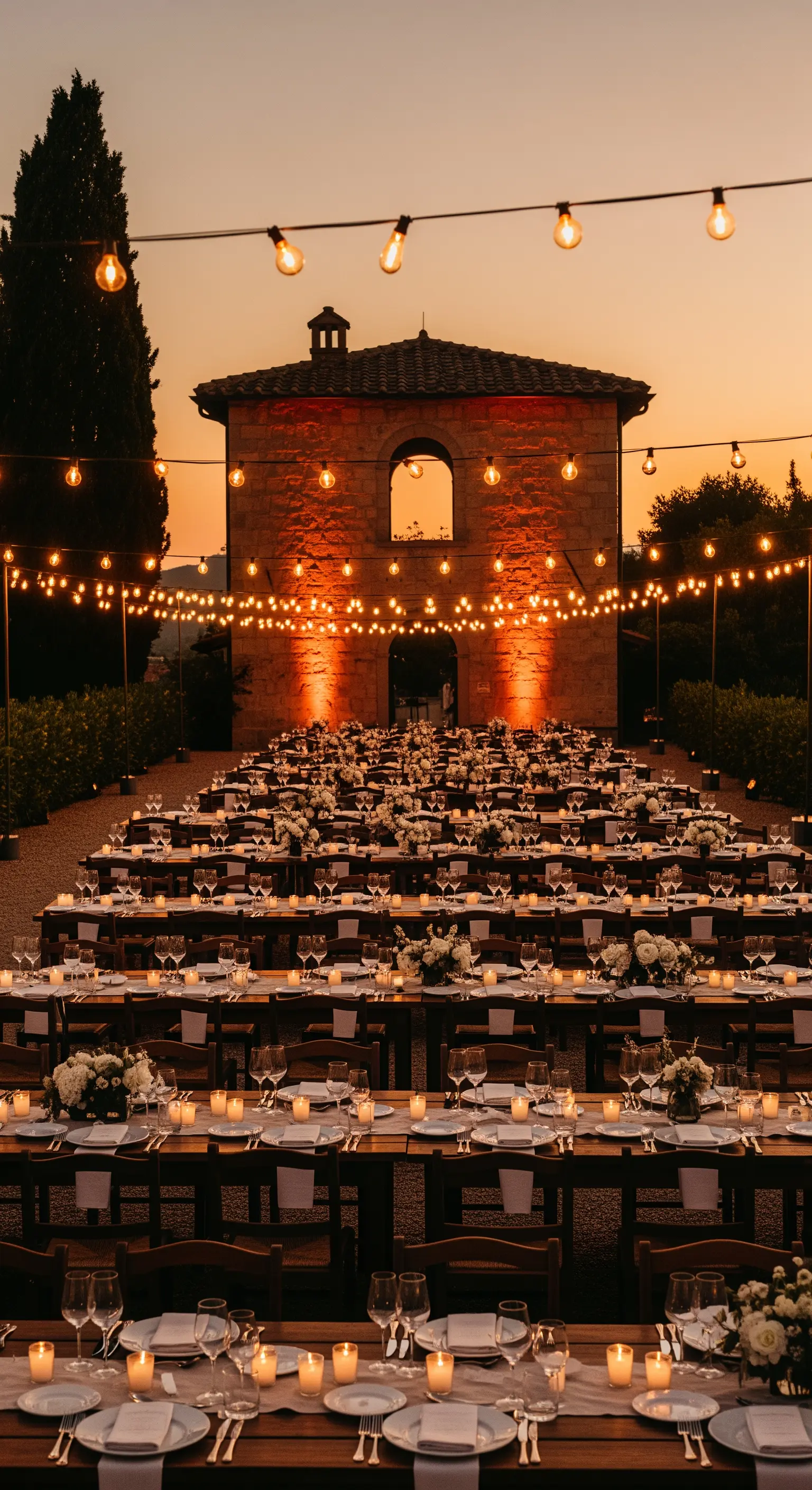 Großer Platz mit langen Tischen bei Dämmerung, komplett überspannt von warm leuchtenden Lichterketten