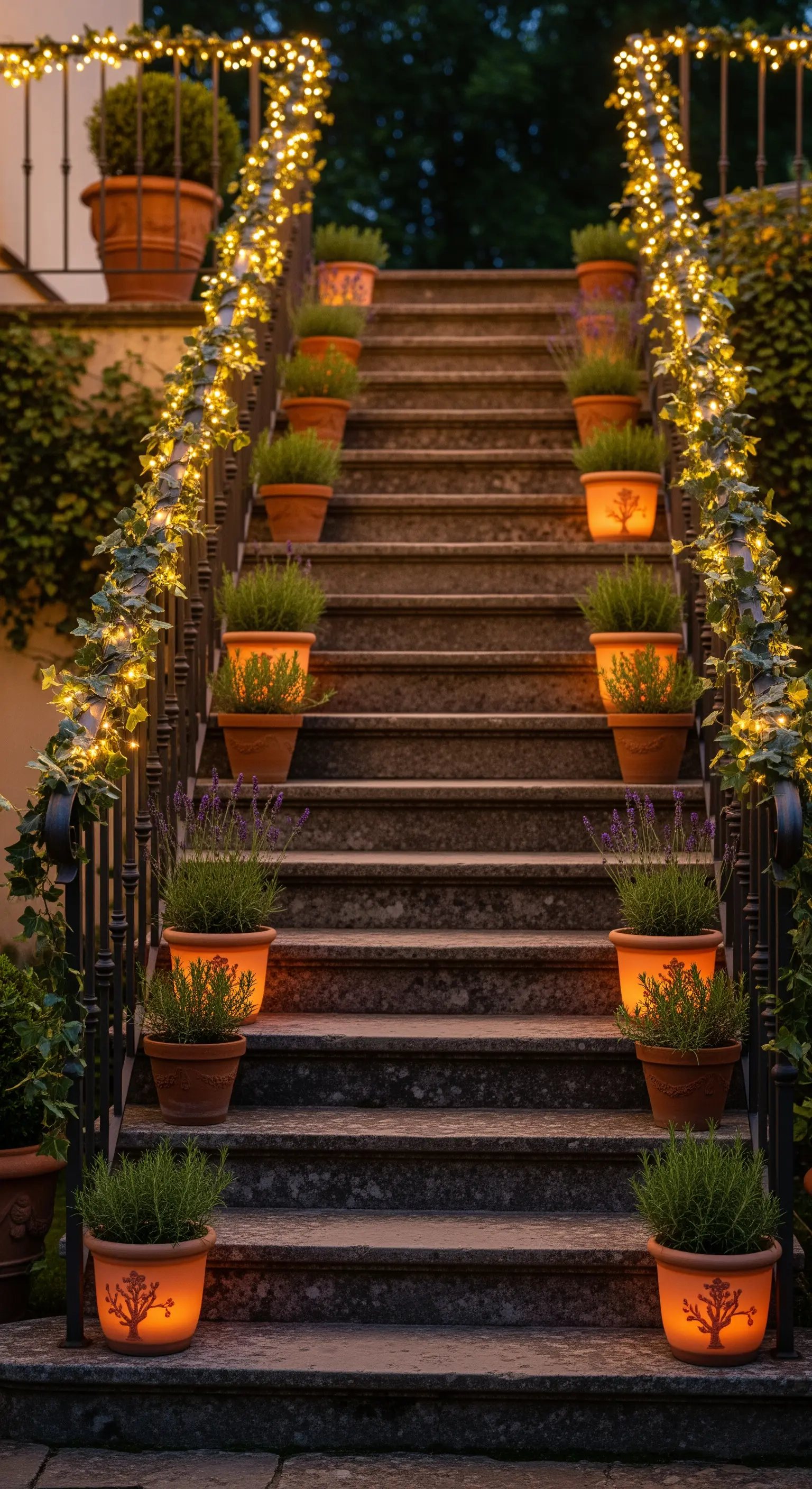 Steintreppe mit Terrakottatöpfen, deren Geländer mit Efeu und Lichterketten geschmückt ist.