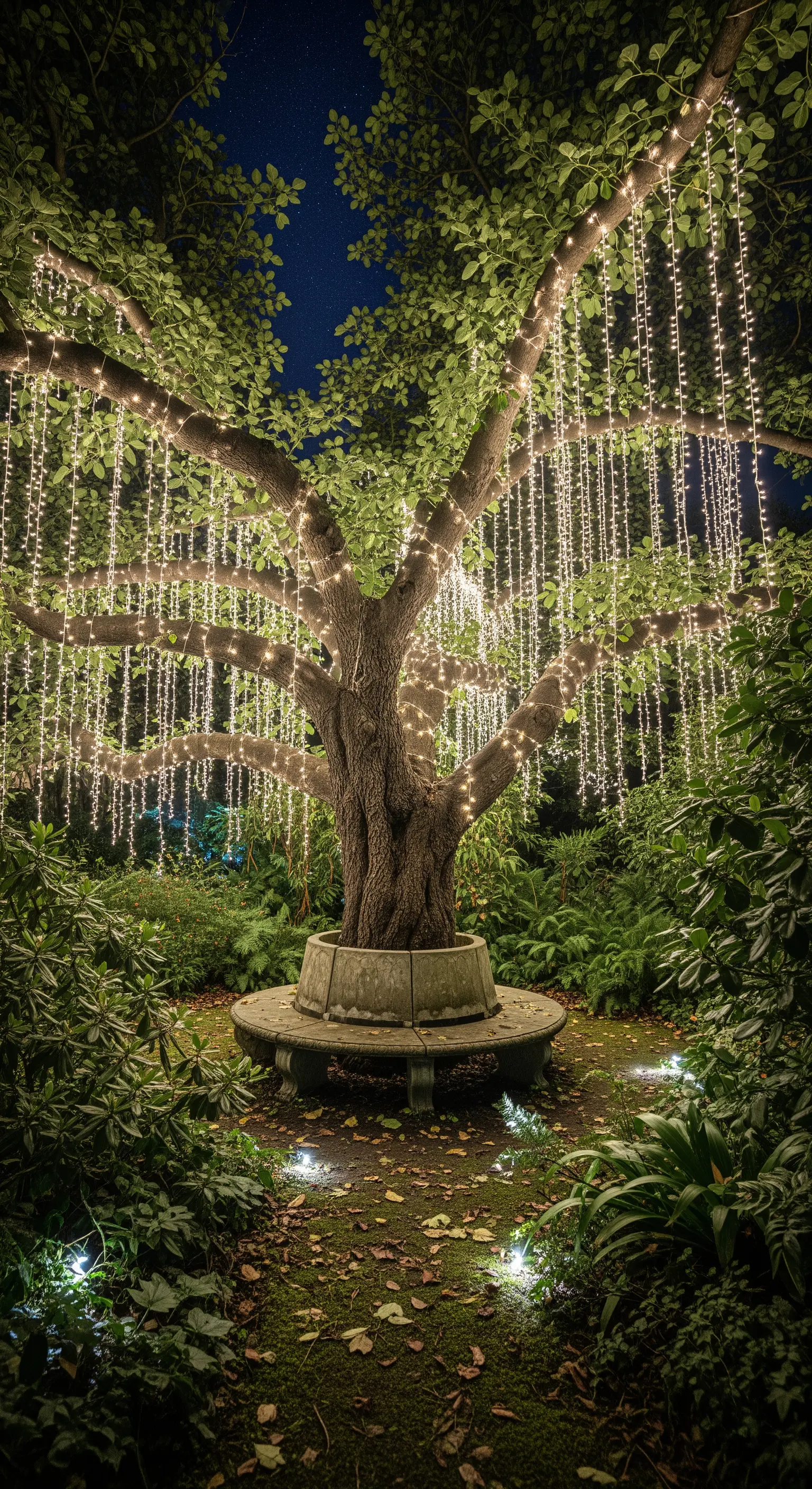 Großer Baum, von dessen Ästen Lichterketten wie leuchtende Vorhänge herabhängen.