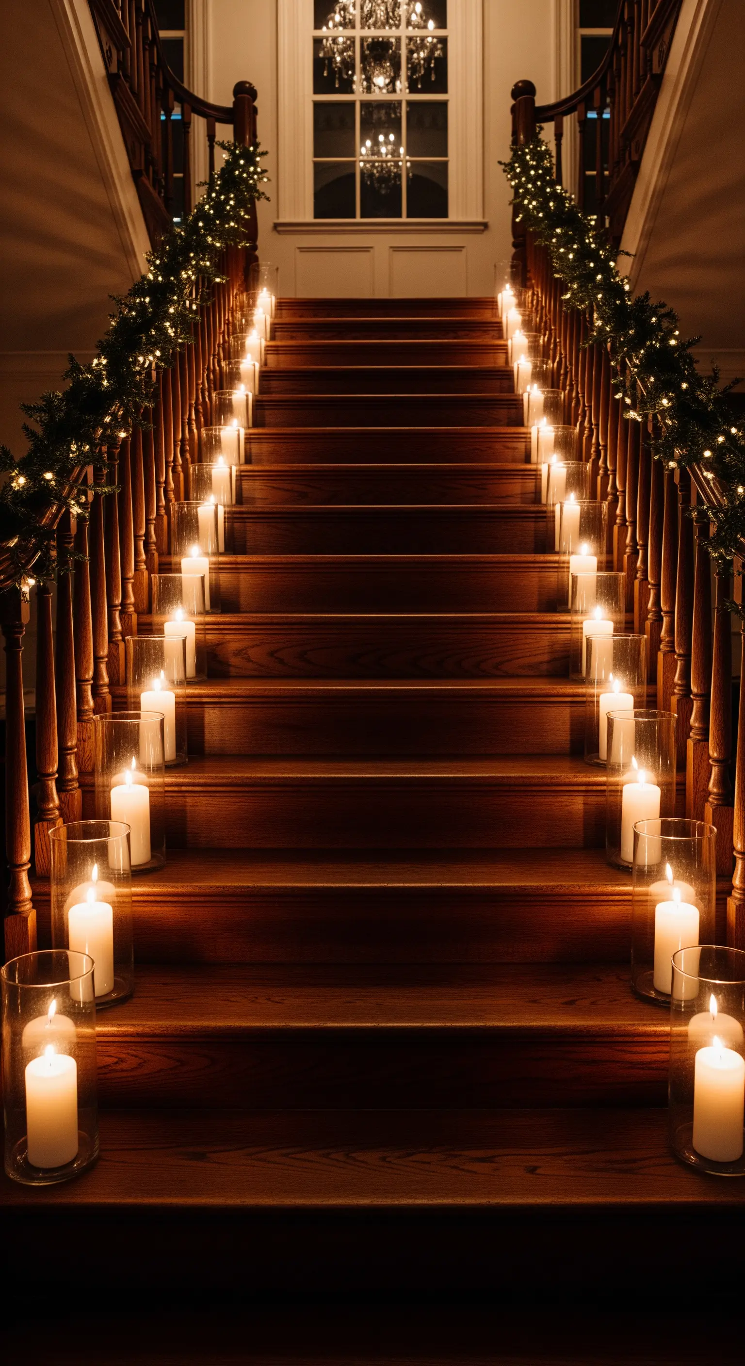 Eine große Holztreppe, deren Stufen auf beiden Seiten mit leuchtenden Kerzen in Glaszylindern gesäumt sind.
