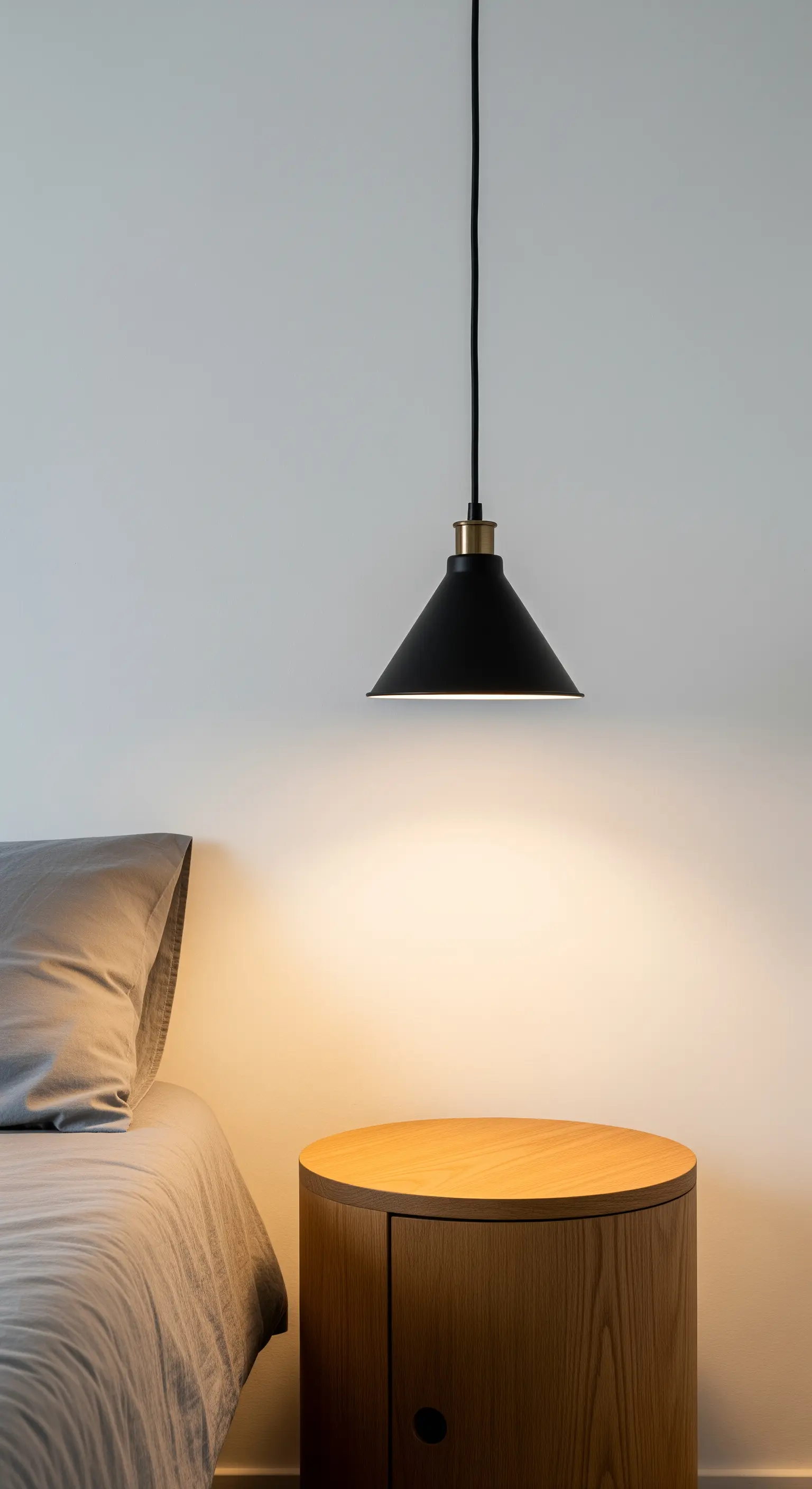 Schwarze, kegelförmige Pendelleuchte über einem runden Nachttisch aus Holz neben dem Bett.