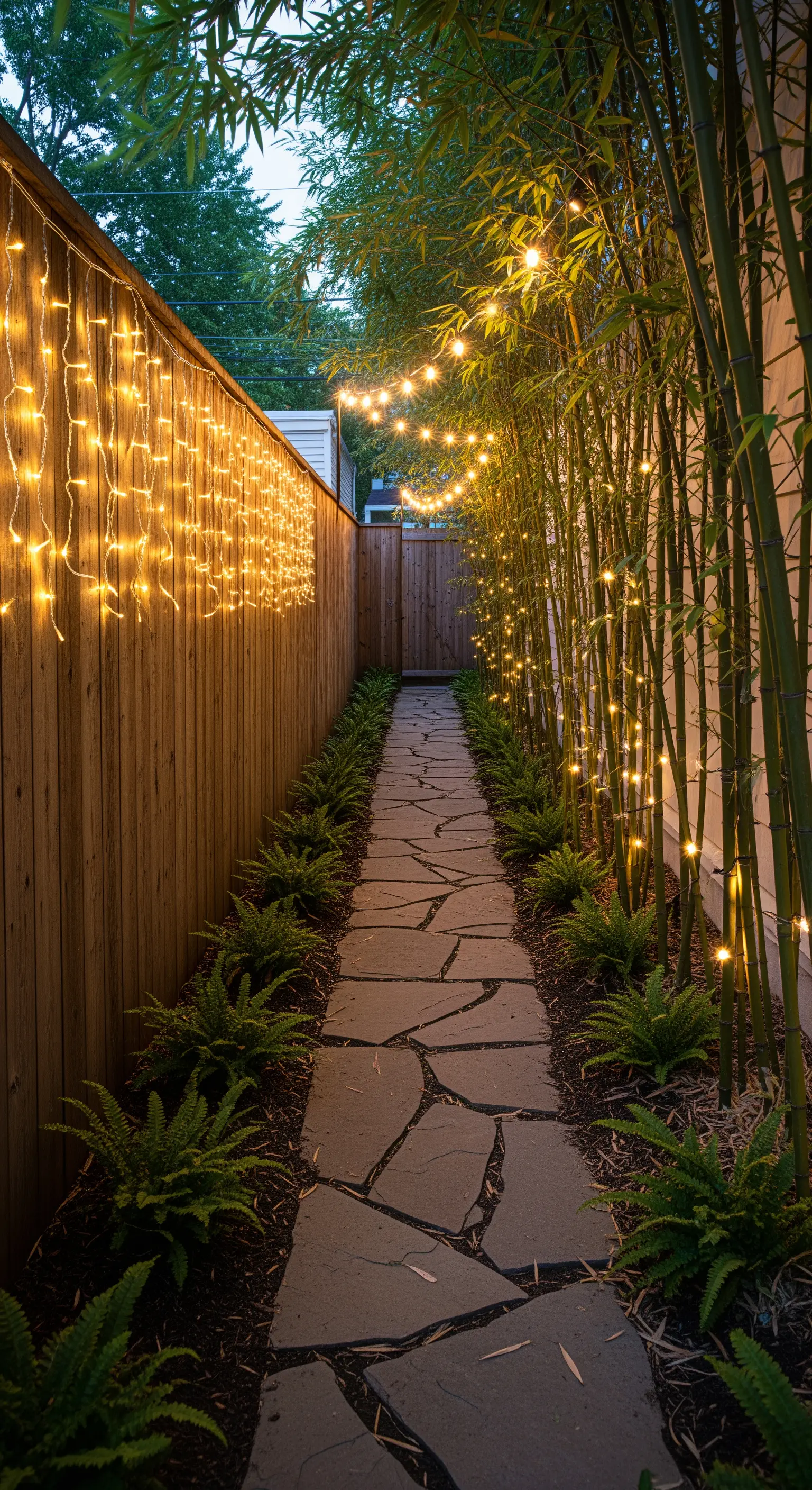 Ein schmaler Gartenweg wird von einem Lichtervorhang an der Wand und Lichterketten darüber beleuchtet.