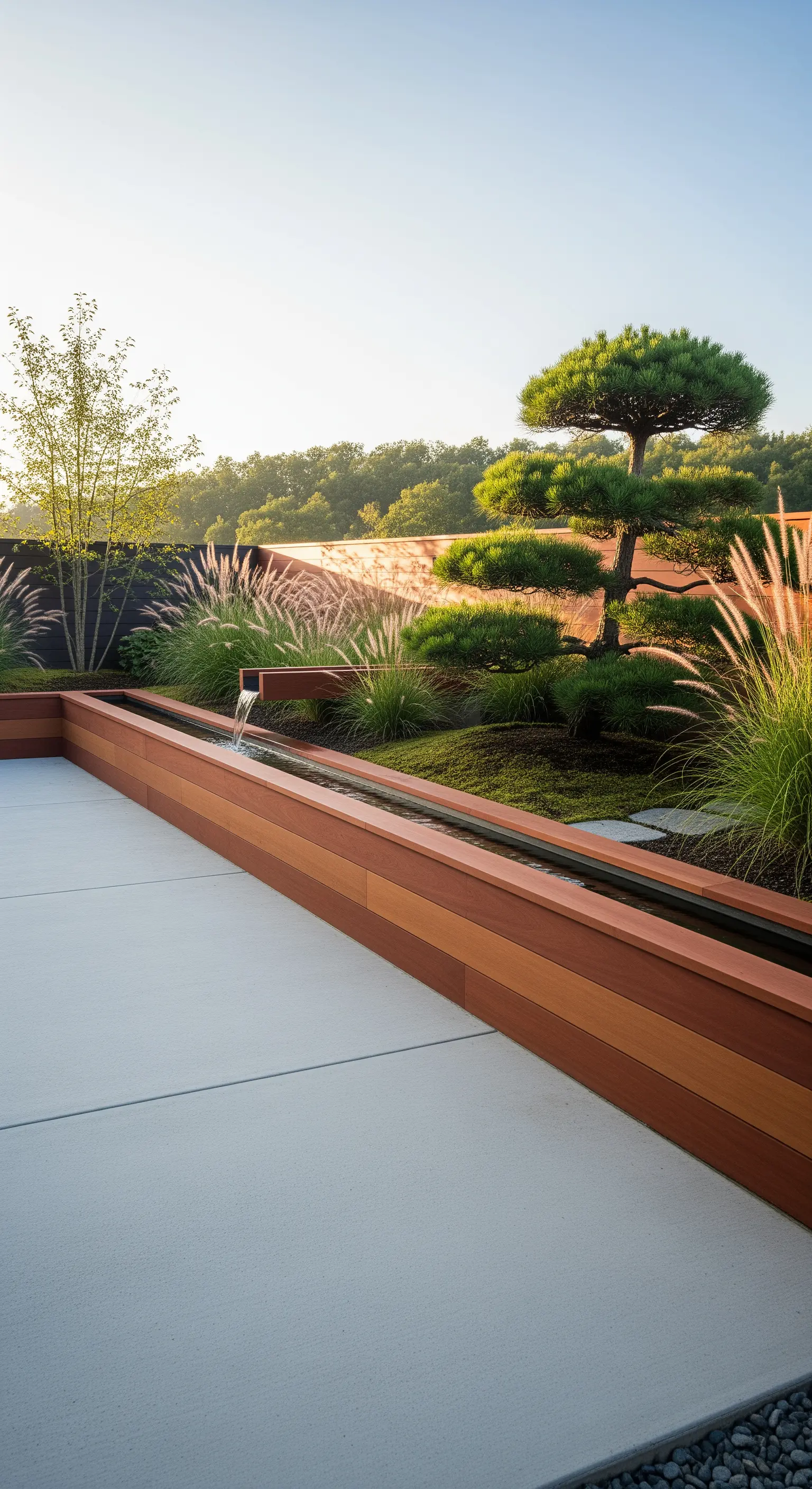 Moderner Garten mit langem Wasserkanal, Holzverkleidung, Ziergräsern und einem Bonsai-Baum.