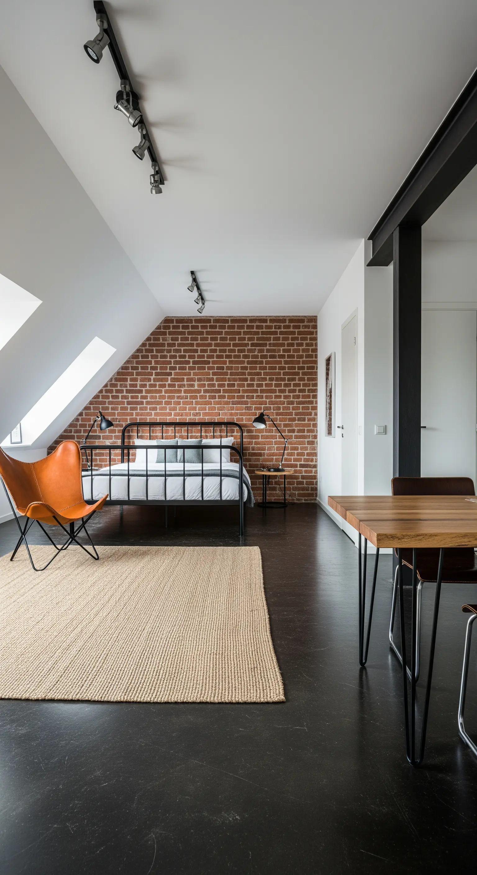 Schlafzimmer im Industrial-Stil mit Ziegelwand, Metallbett und einem Ledersessel.