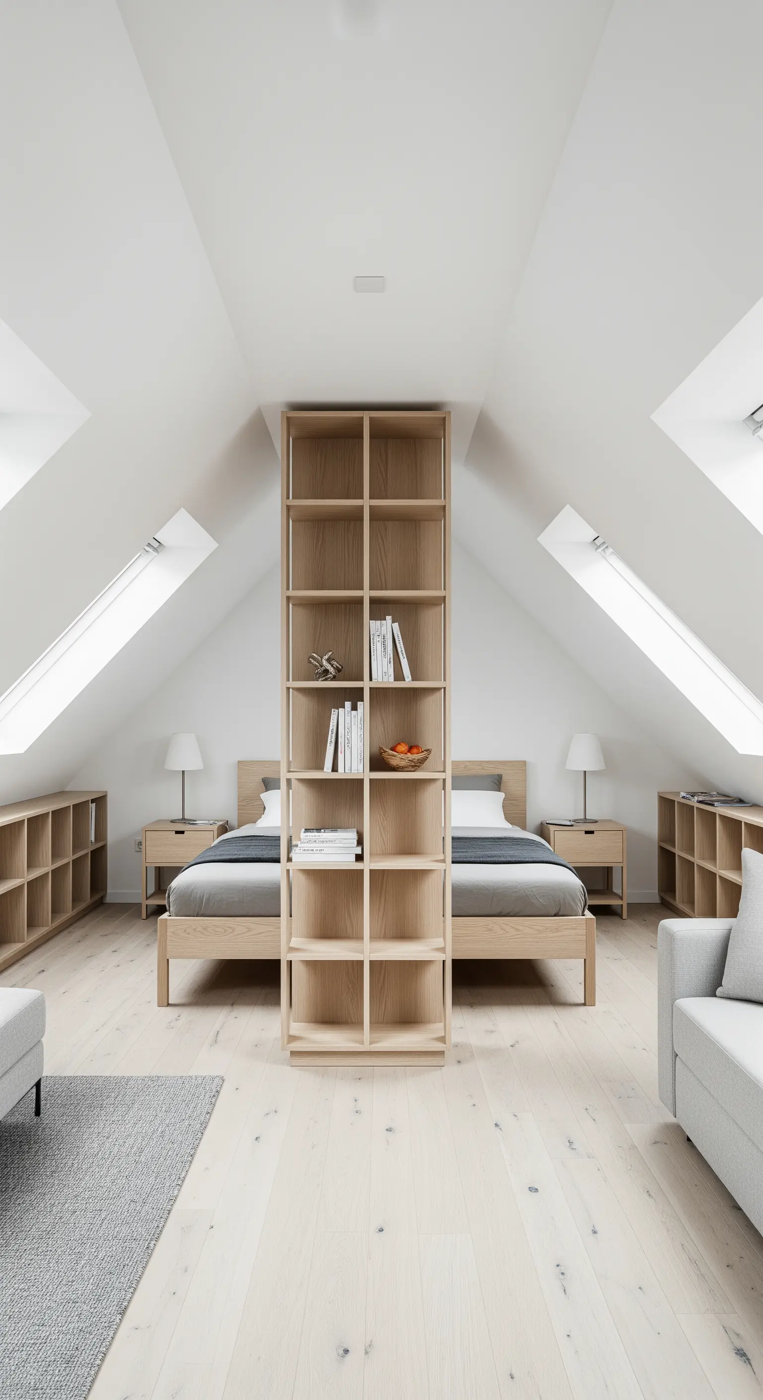 Offenes Studio-Apartment, in dem ein hohes Holzregal als Raumteiler zwischen Bett und Sofa dient.