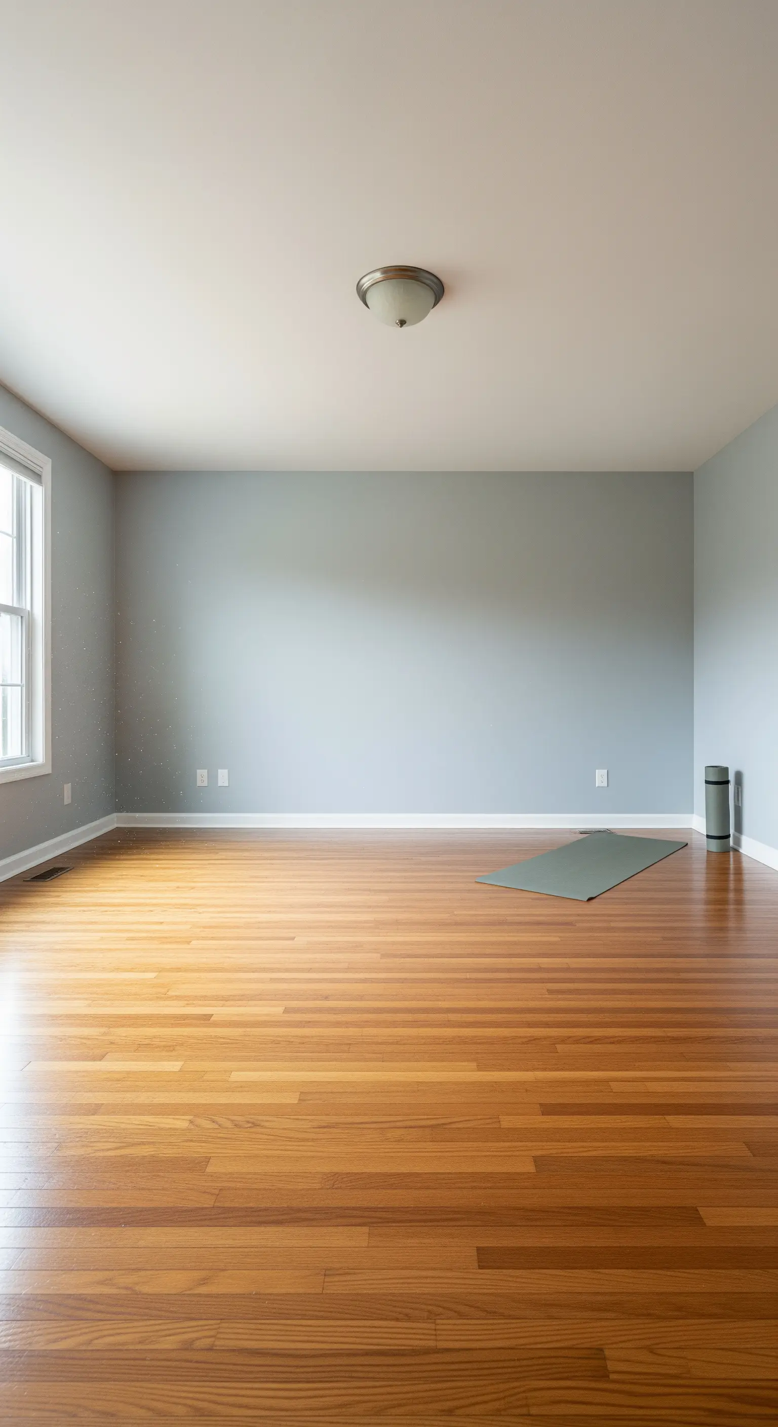 Ein fast leerer Raum mit einer Yogamatte in der Ecke, der die Schönheit des leeren Raums zelebriert.