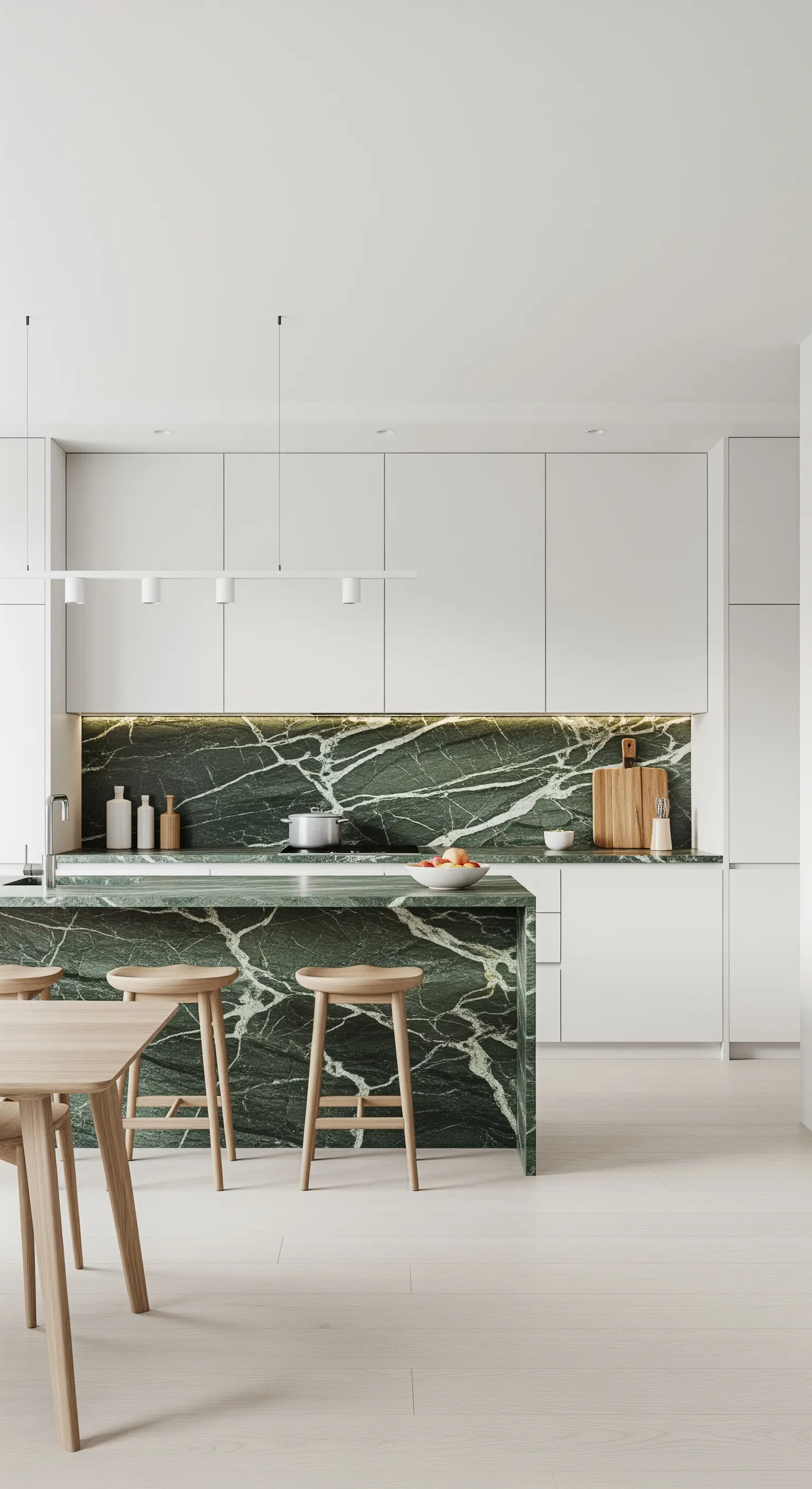 Minimalistische weiße Küche mit einer Kochinsel komplett aus grünem Marmor.