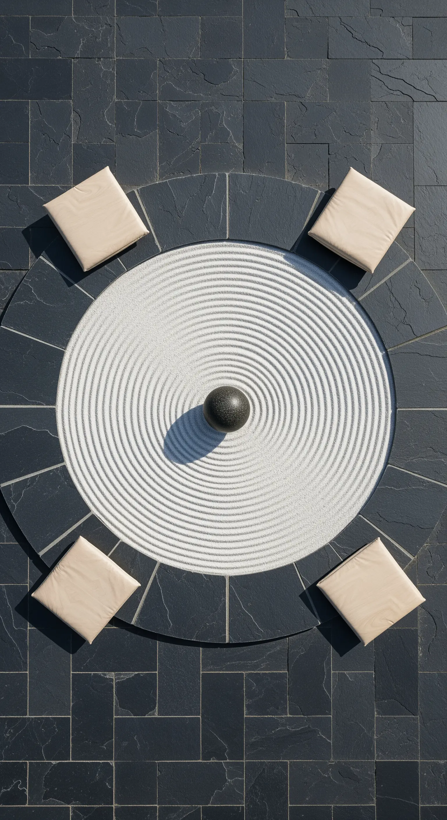 Runder Sandgarten im Zentrum einer Schieferterrasse mit Sitzkissen.