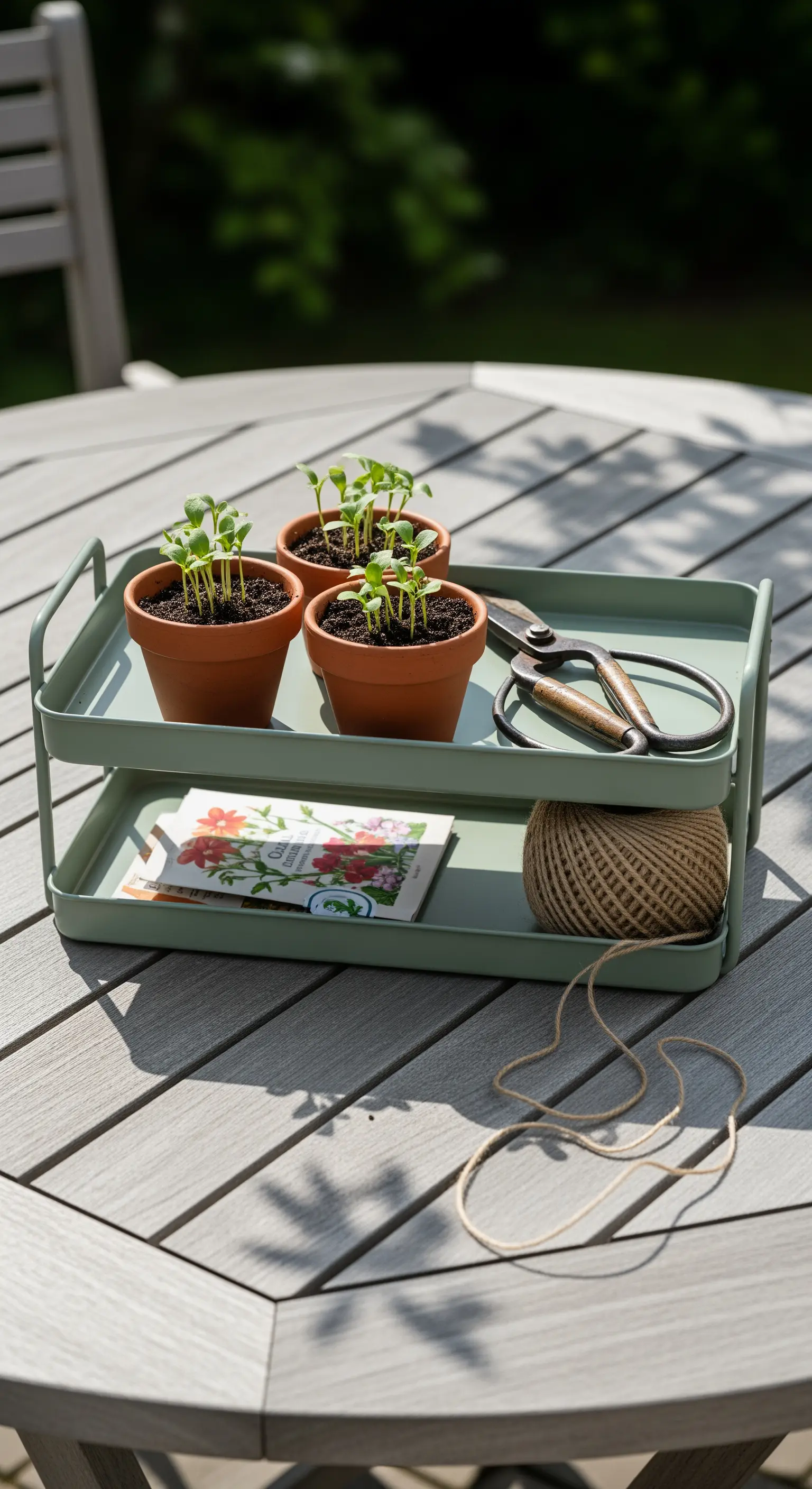 Grüne Metall-Etagere mit Setzlingen und Gartenschere