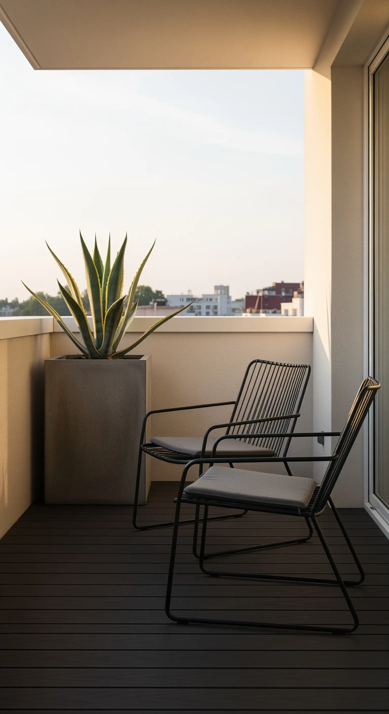 Minimalistischer Balkon mit zwei schwarzen Stühlen und einer großen Agave.