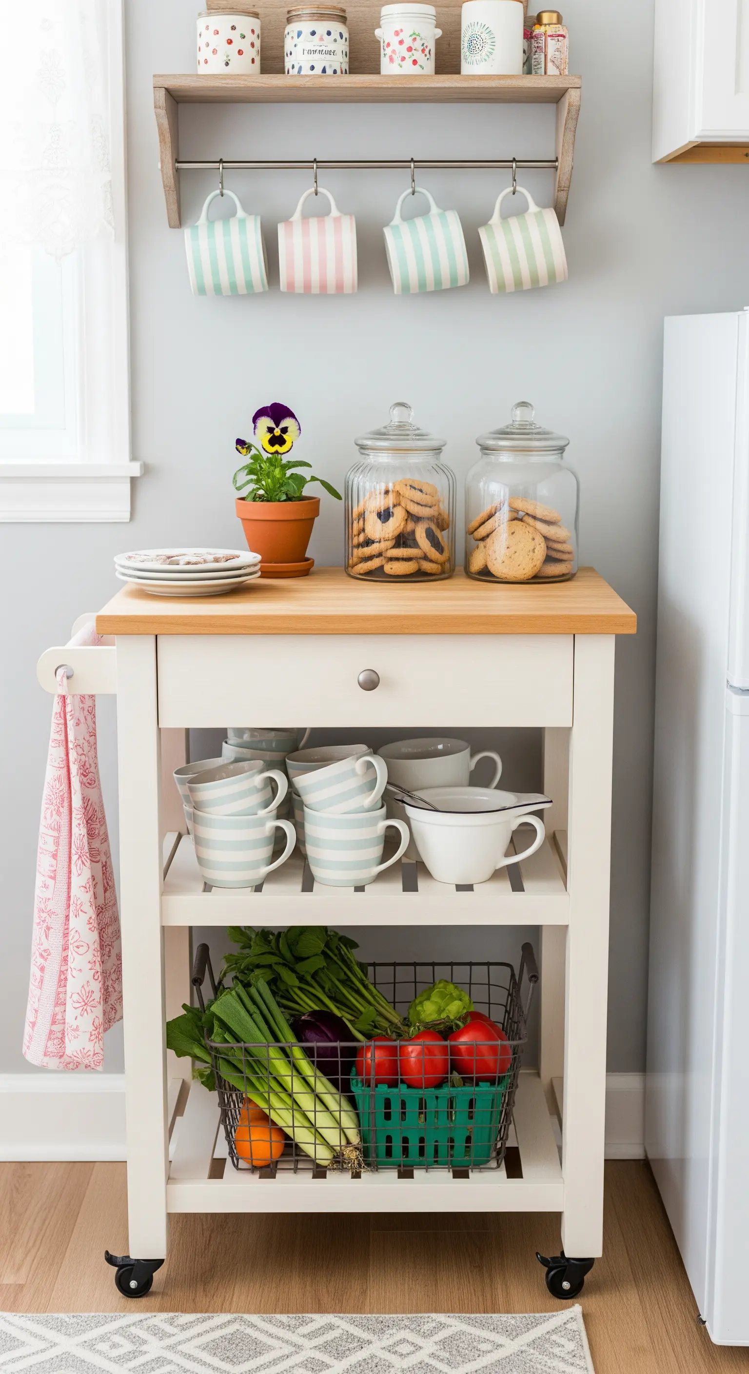 Weißer Küchen-Servierwagen dekoriert mit pastellfarbenen Tassen, Blumen und Keksen
