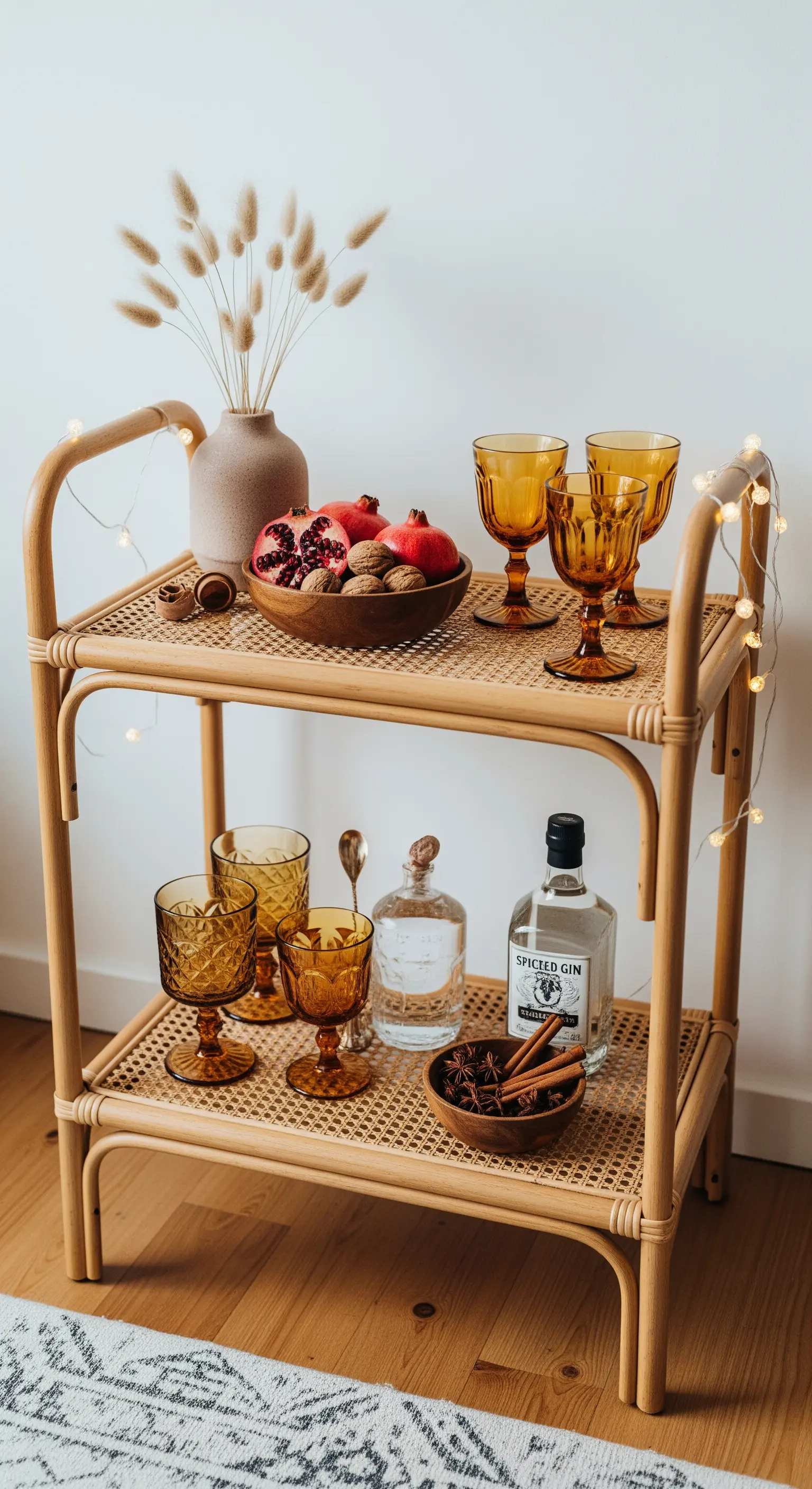 Boho-Barwagen aus Rattan mit bernsteinfarbenen Gläsern und winterlichen Zutaten