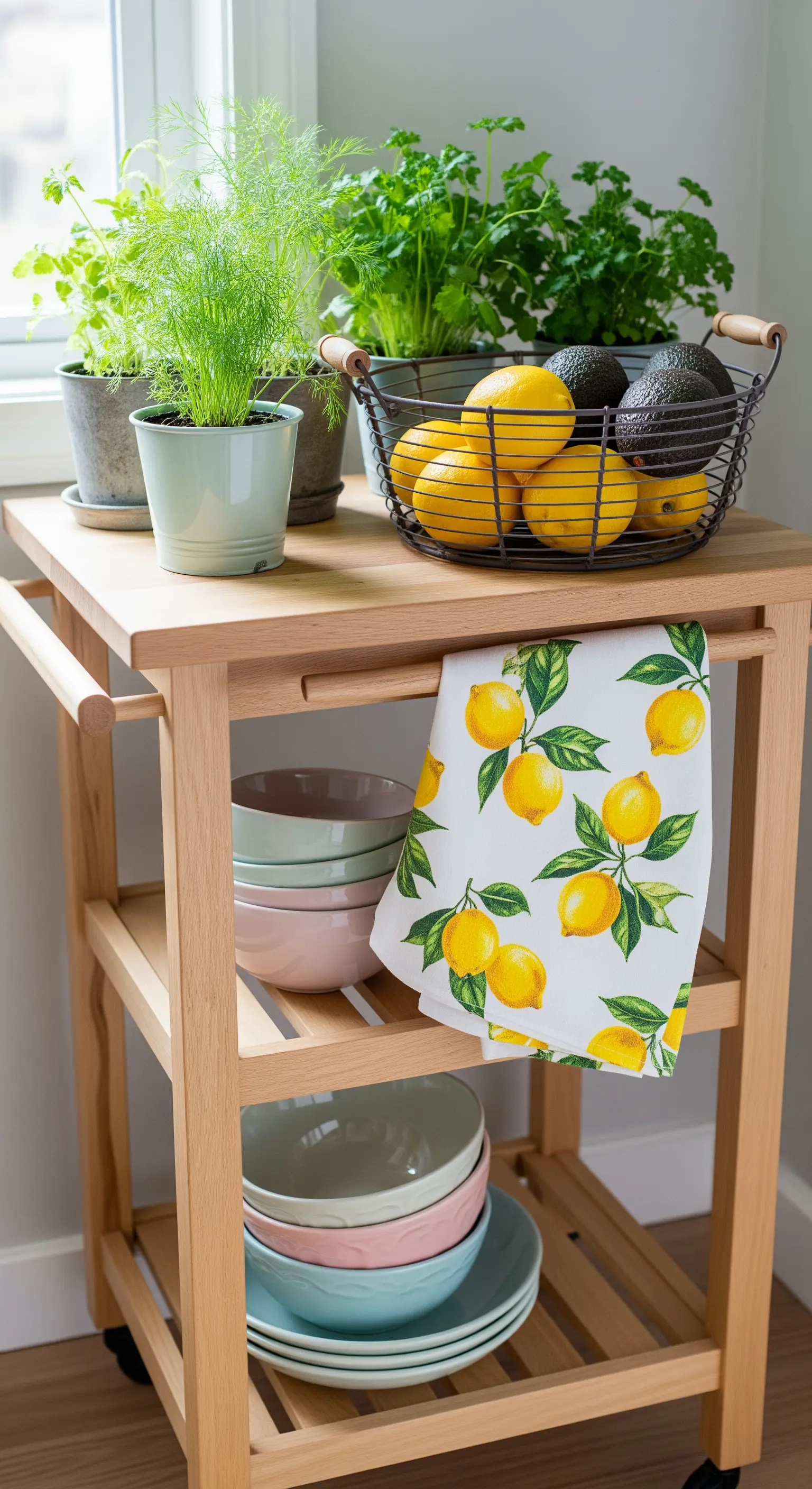 Ein hölzerner Küchenwagen mit Kräutern, einer Obstschale, buntem Geschirr und einem Zitronen-Geschirrtuch.