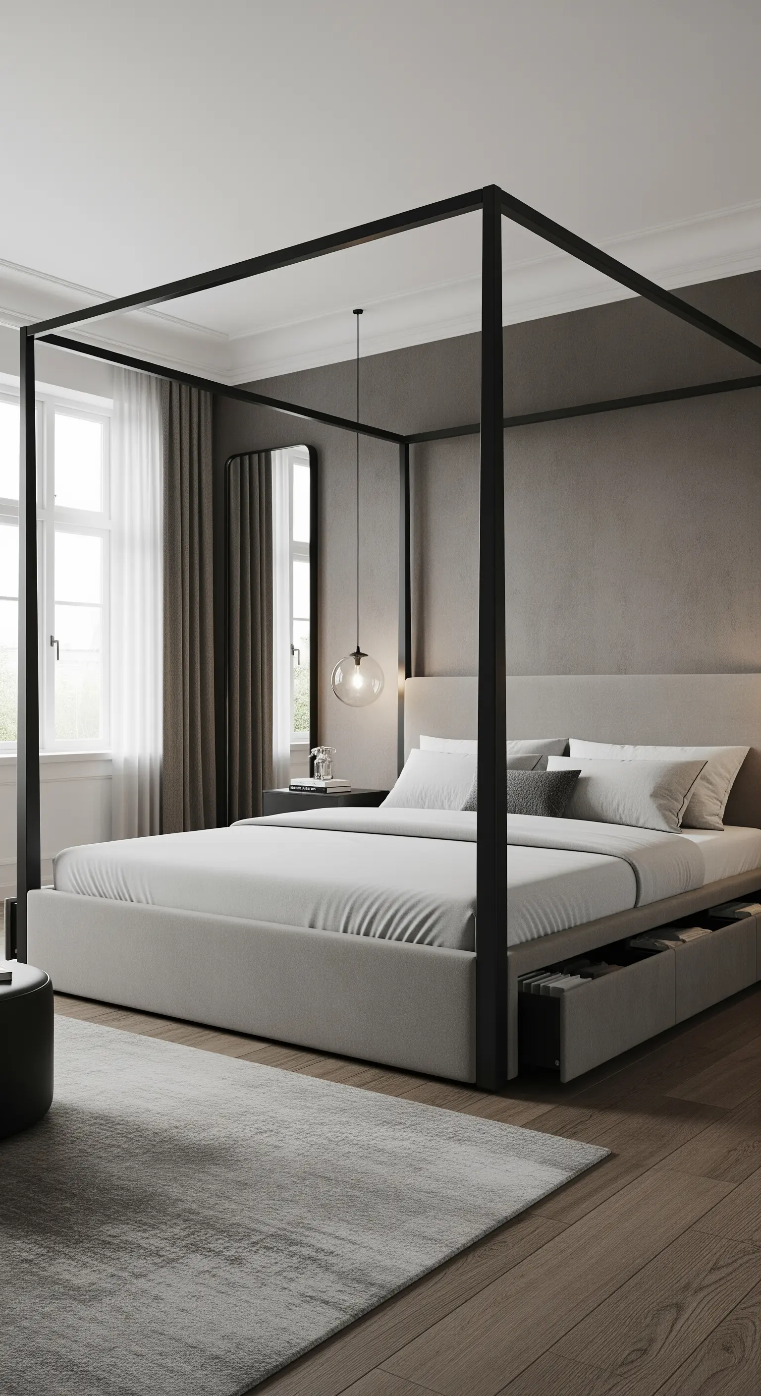 Modernes Himmelbett mit schwarzem Rahmen und in die gepolsterte Basis integrierten Schubladen.