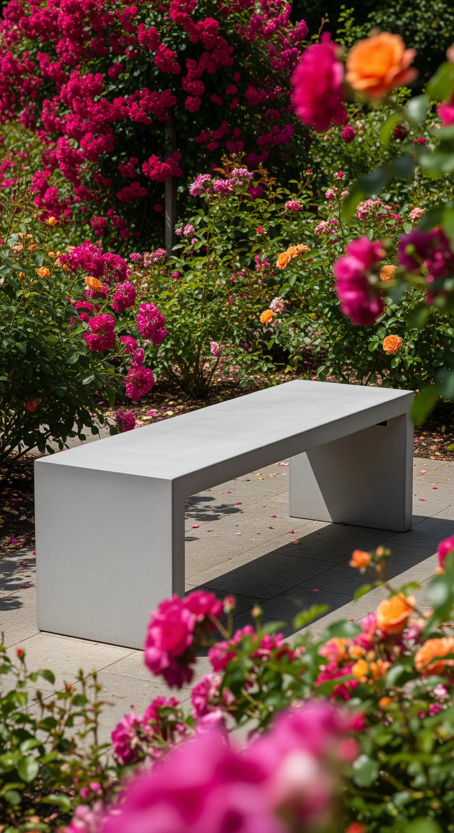 Minimalistische Betonbank auf einer Steinterrasse, umgeben von leuchtend pinken und orangen Rosen.