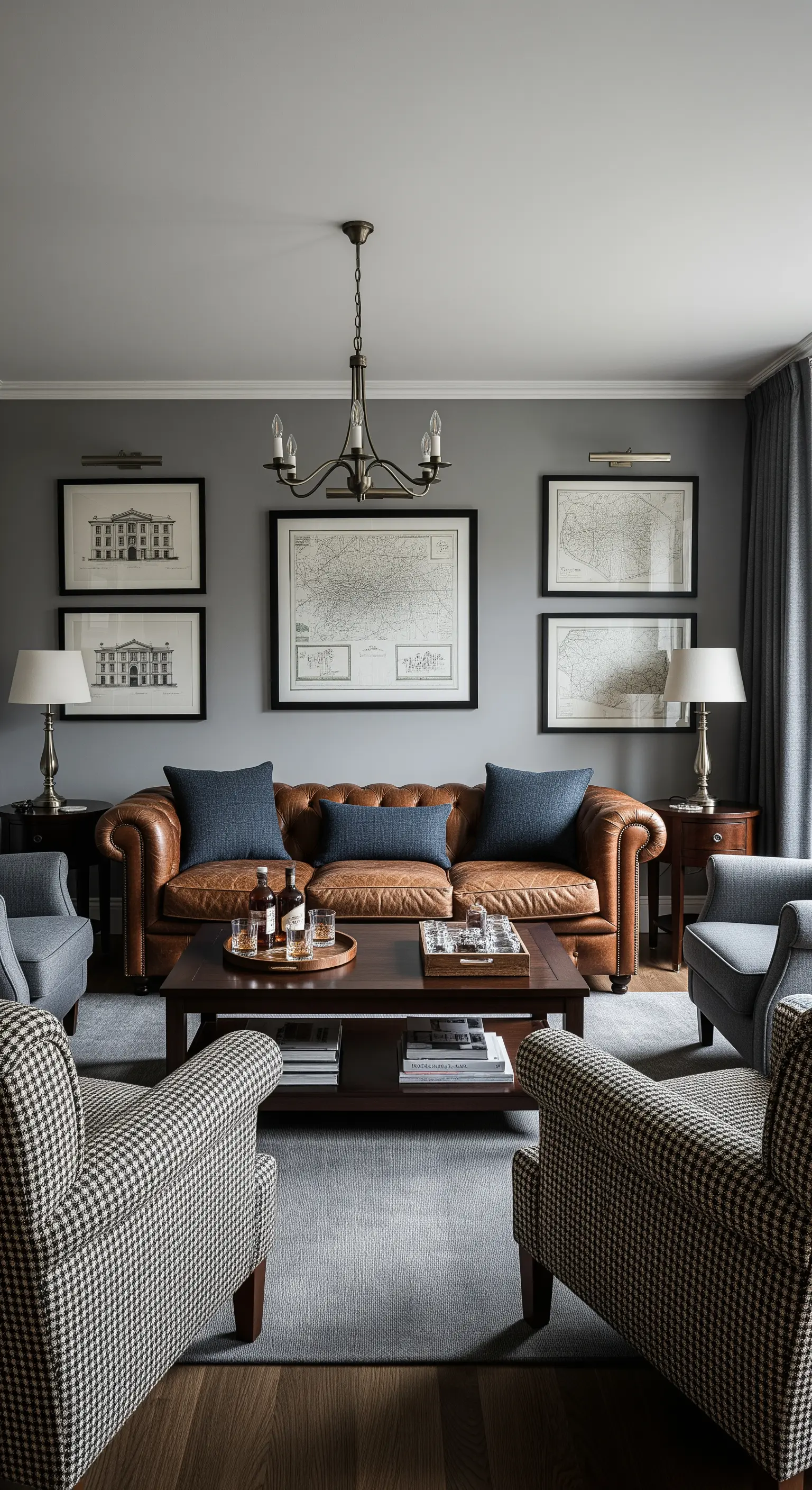 Wohnzimmer im Gentleman's-Club-Stil mit Ledersofa, gemusterten Sesseln und gerahmten Karten.