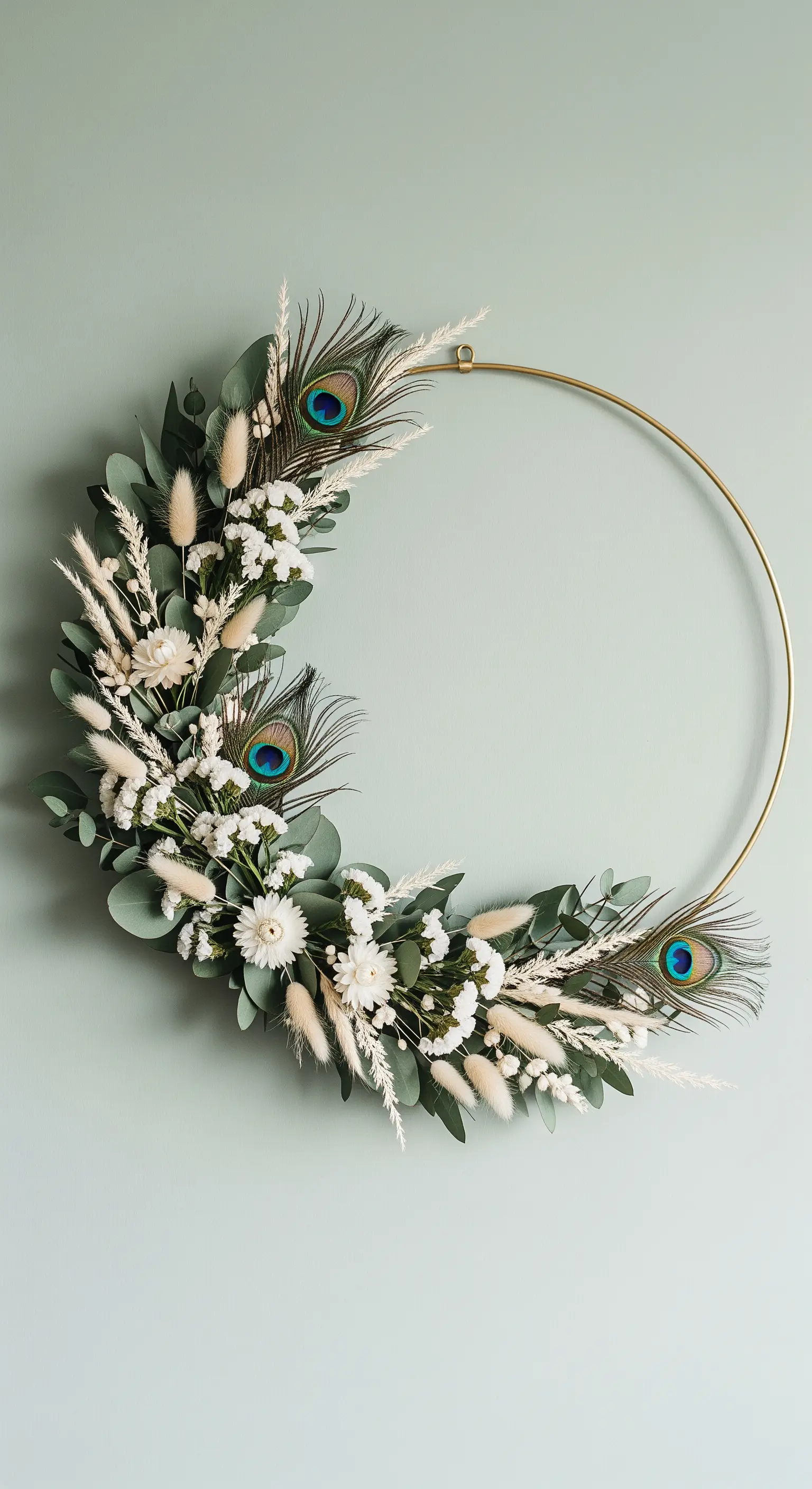 Moderner goldener Metallring-Kranz mit Eukalyptus und Pfauenfedern