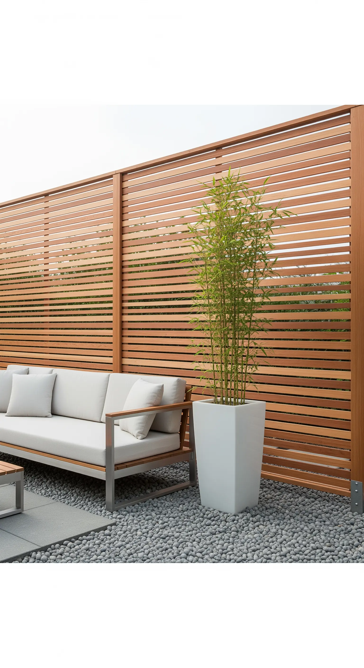 Moderner Sichtschutz aus horizontalen Holzlamellen mit einem weißen Sofa und Bambus im Topf