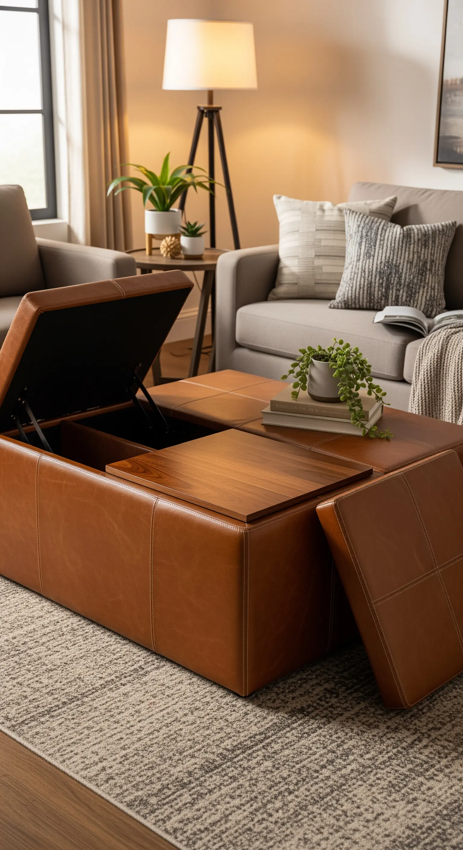 Großer, cognacfarbener Lederhocker im Wohnzimmer, der geöffnet ist und Stauraum offenbart.